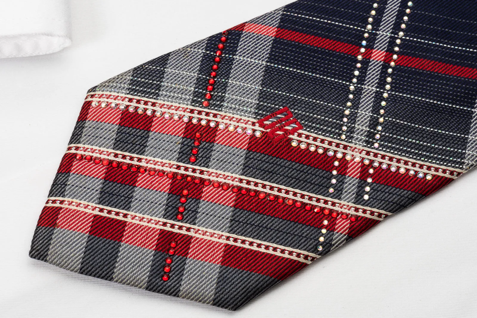 Daks Rhinestone Necktie Navy Red Plaids With Silver Sparkles