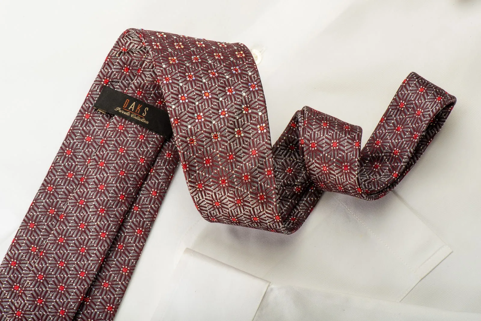 Daks Silk Necktie Silver Geometric Pentagons On Dark Burgundy With Red Rhinestones