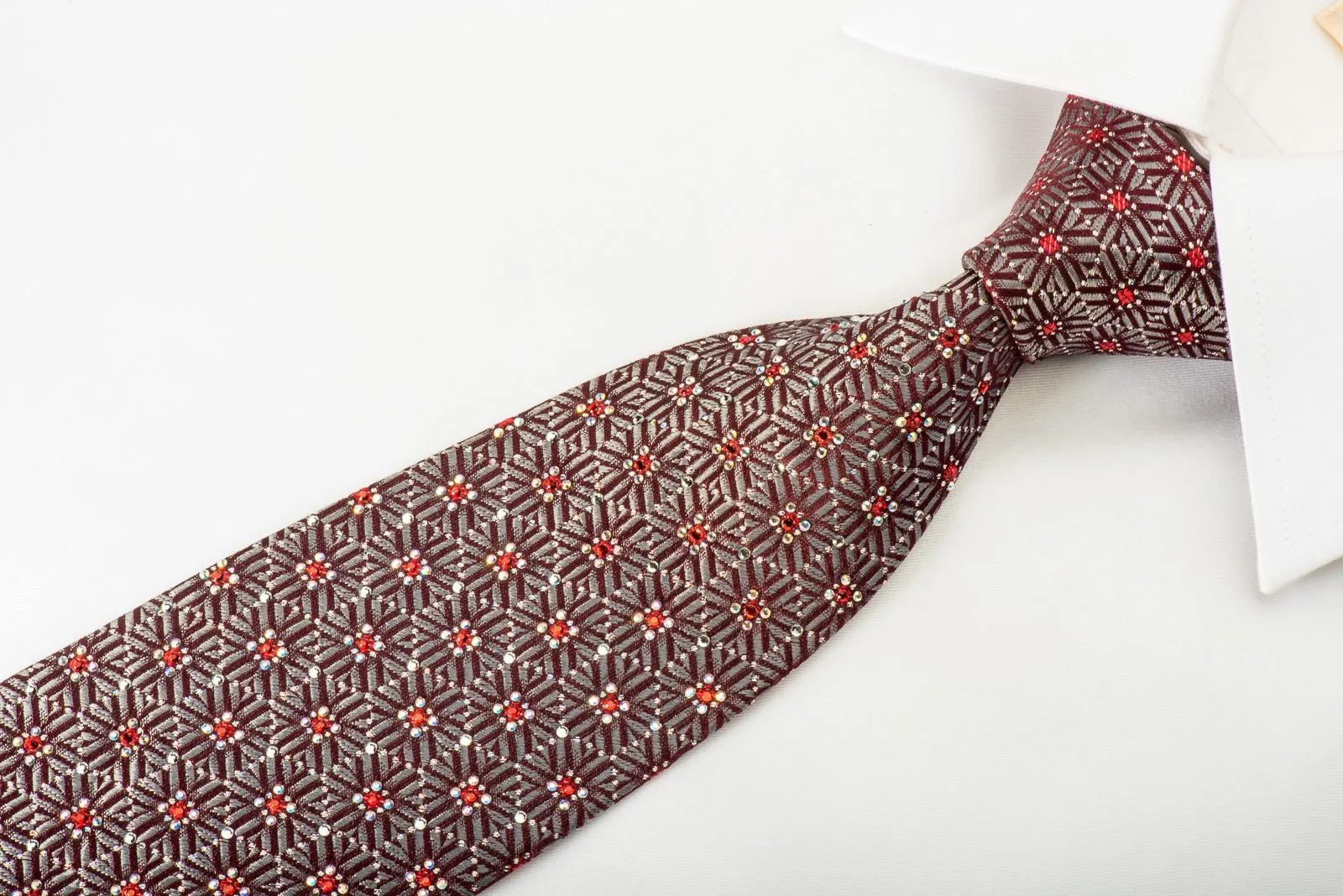 Daks Silk Necktie Silver Geometric Pentagons On Dark Burgundy With Red Rhinestones