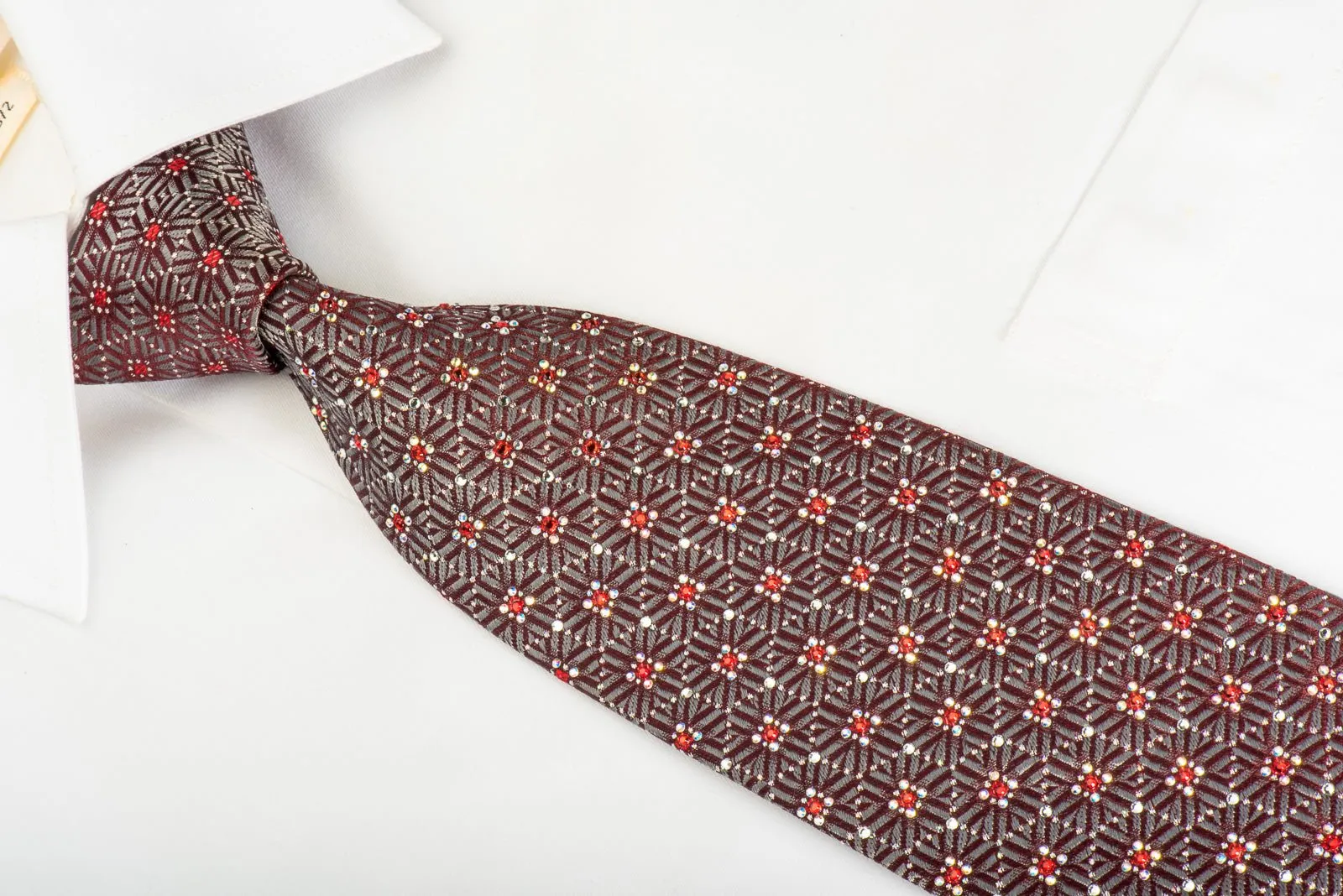 Daks Silk Necktie Silver Geometric Pentagons On Dark Burgundy With Red Rhinestones