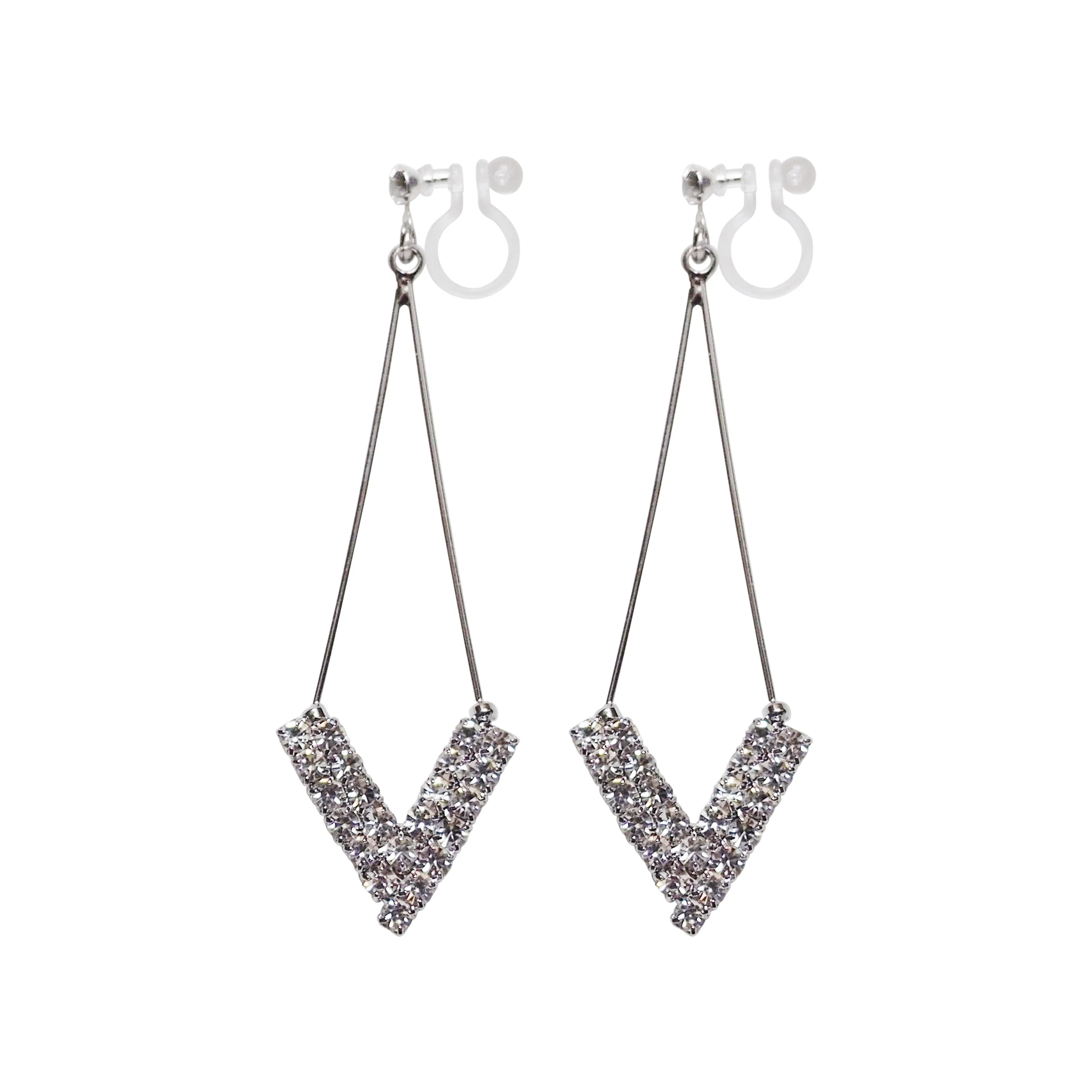 Dangle Silver Arrow Shaped Rihnestone Crystal Invisible Clip On Earrings