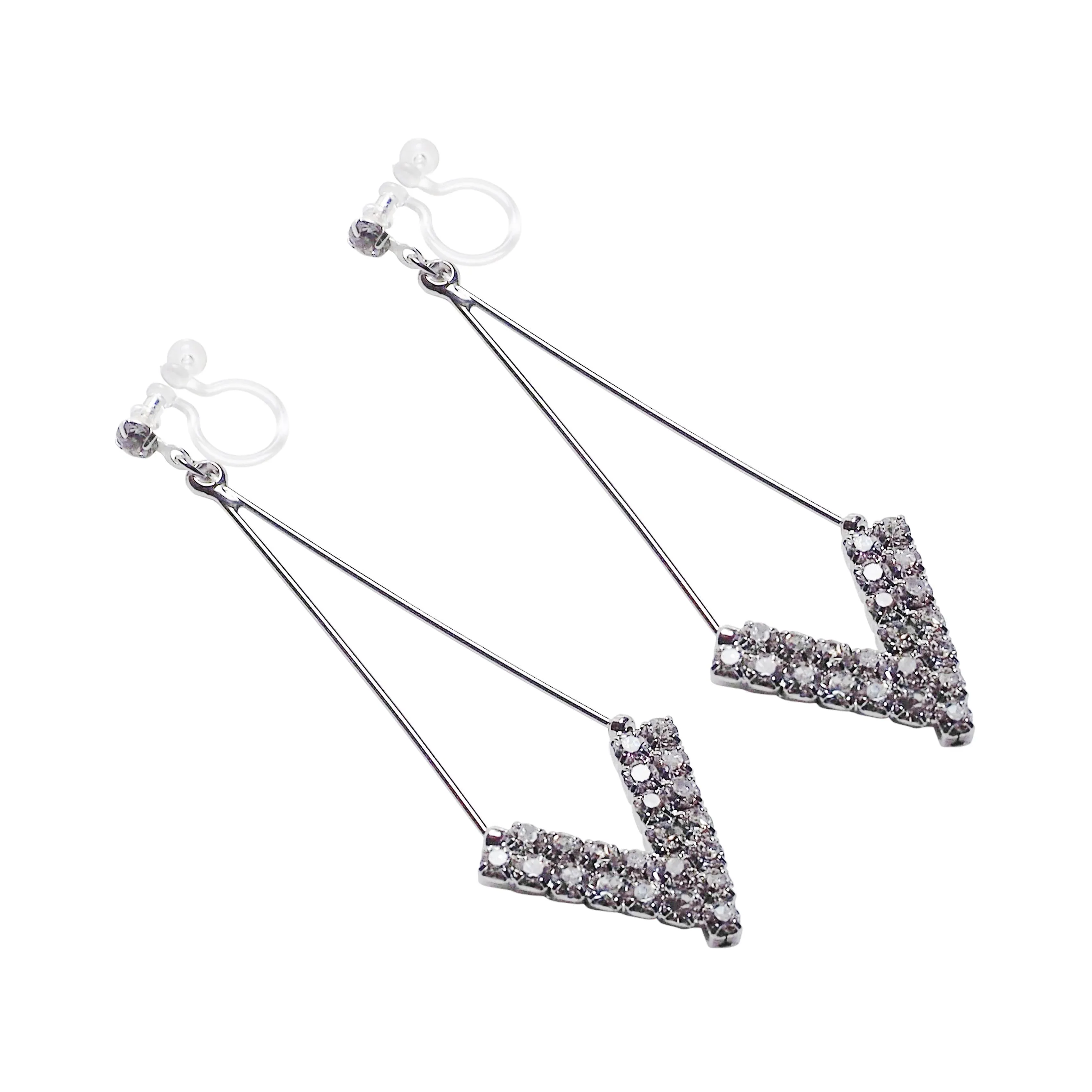 Dangle Silver Arrow Shaped Rihnestone Crystal Invisible Clip On Earrings