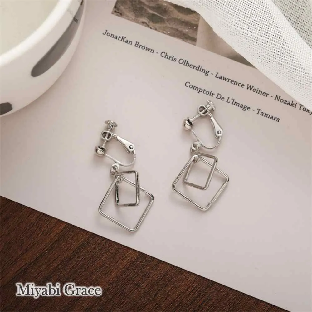 Dangle Silver Double Square Hoop Screw-Back Clip On Earrings