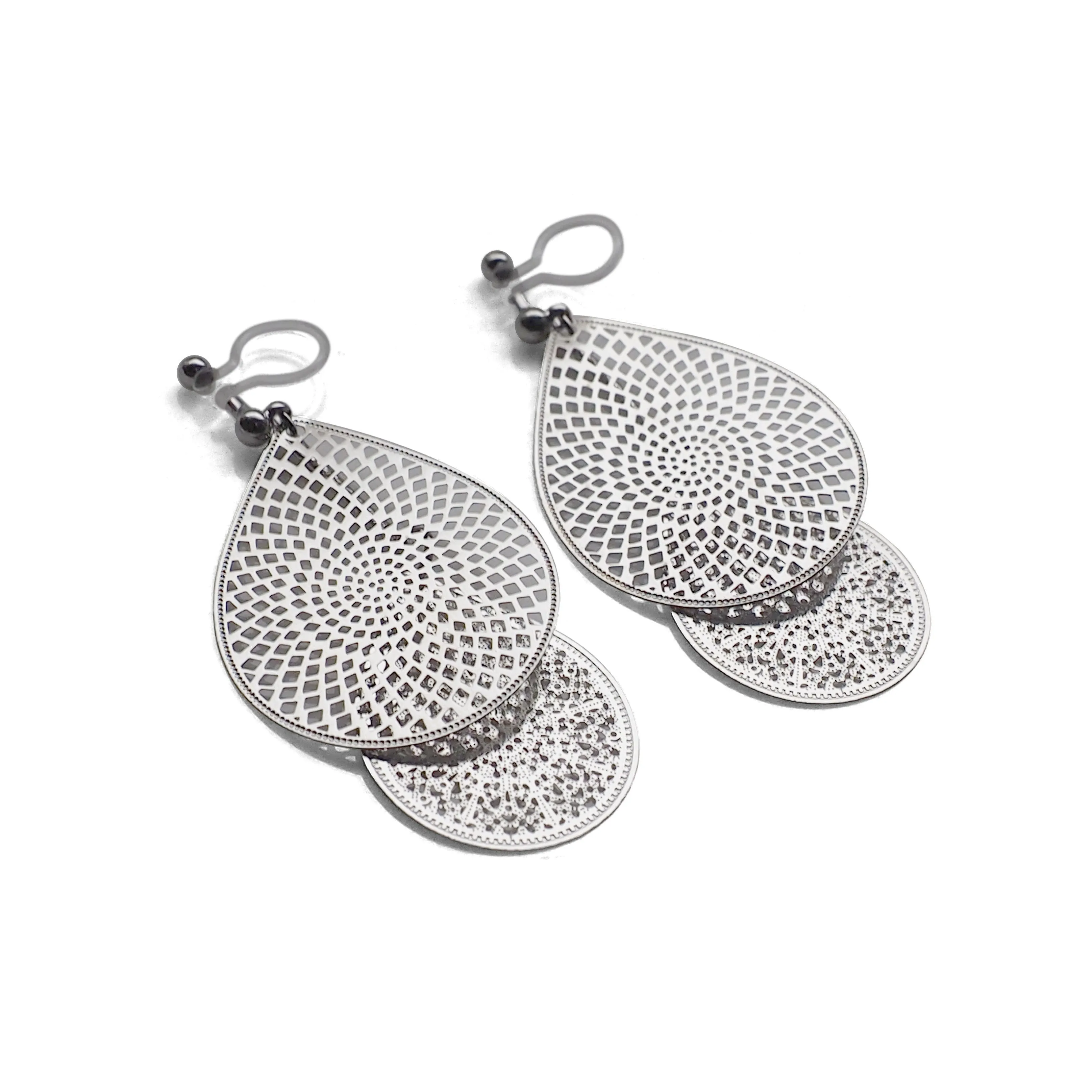 Dangle silver teardrop filigree invisible clip on earrings