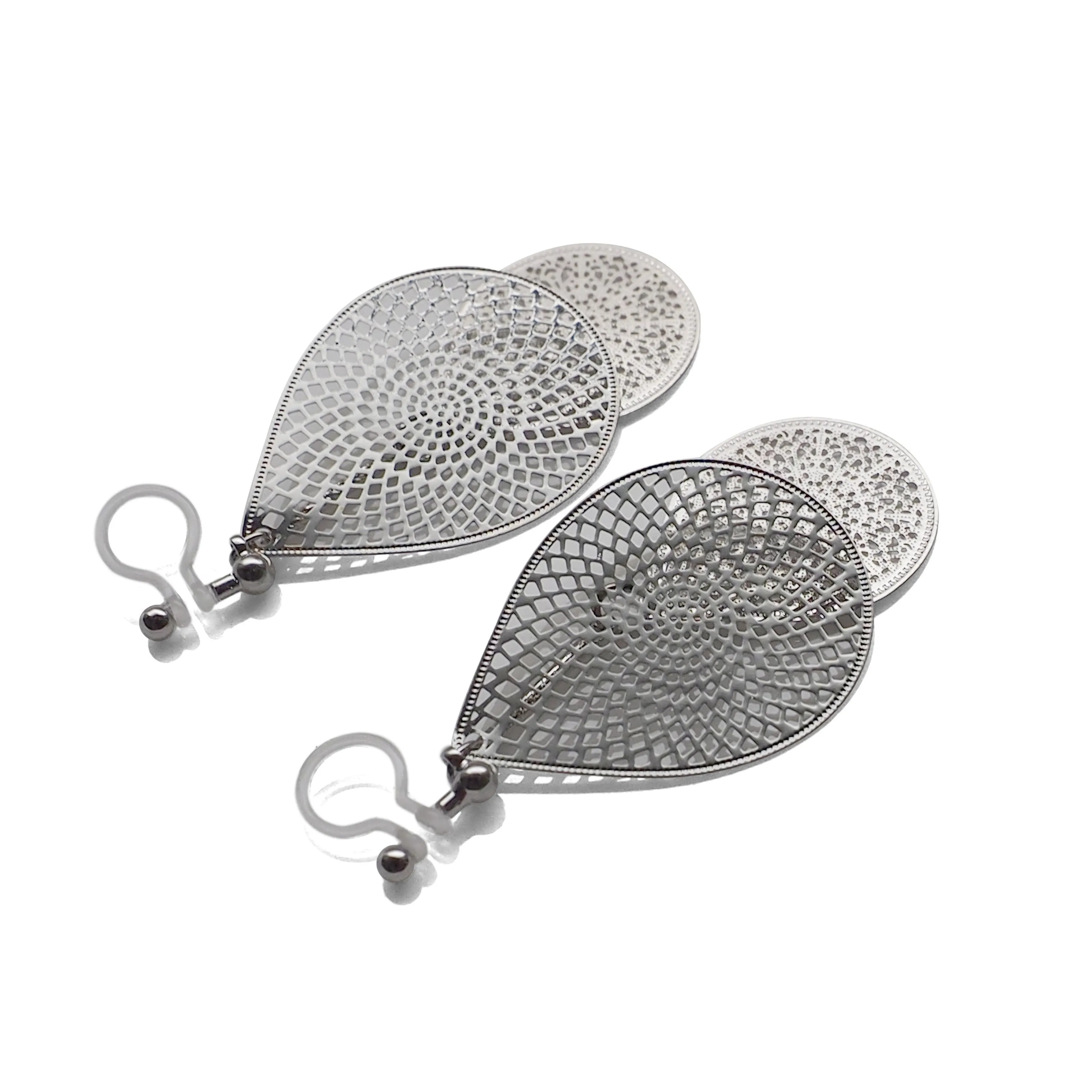 Dangle silver teardrop filigree invisible clip on earrings