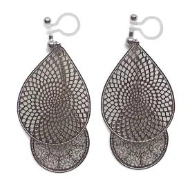 Dangle silver teardrop filigree invisible clip on earrings