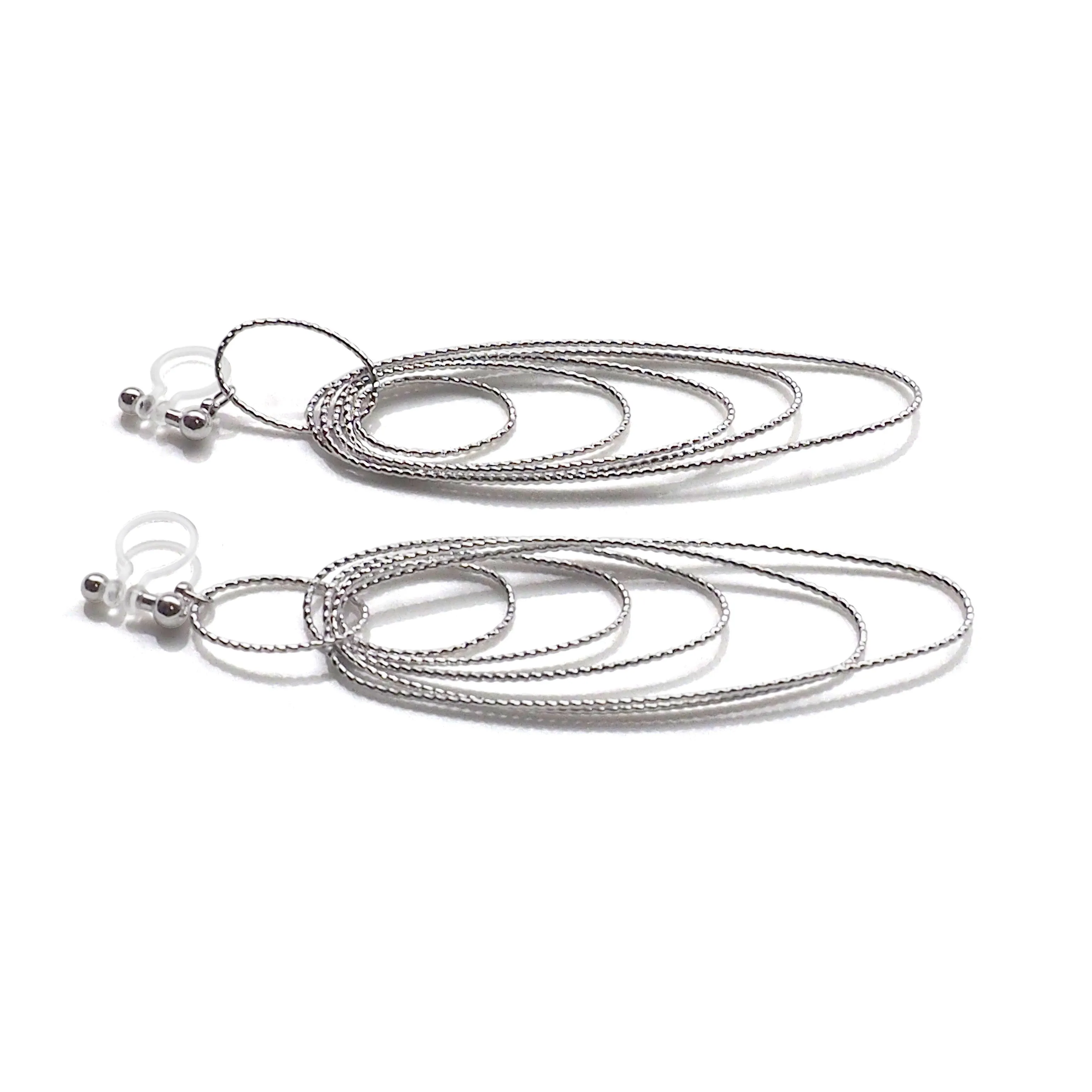 Dangle silver textured hoop invisible clip on earrings