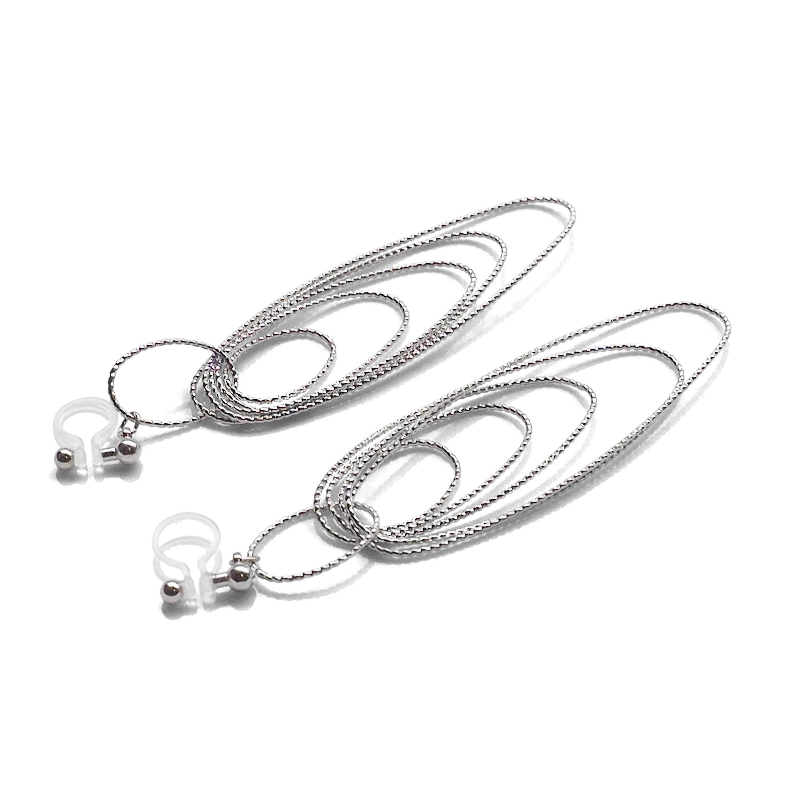 Dangle silver textured hoop invisible clip on earrings