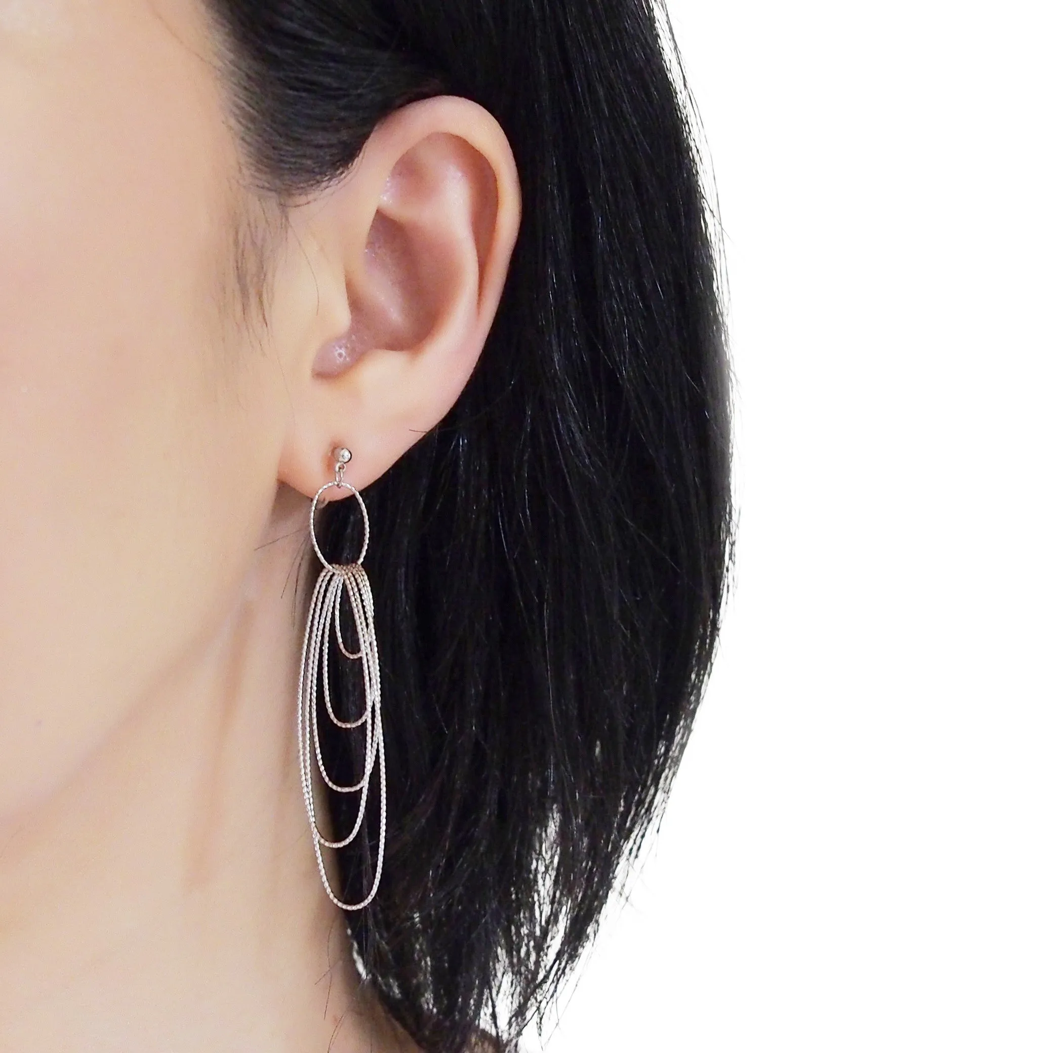 Dangle silver textured hoop invisible clip on earrings