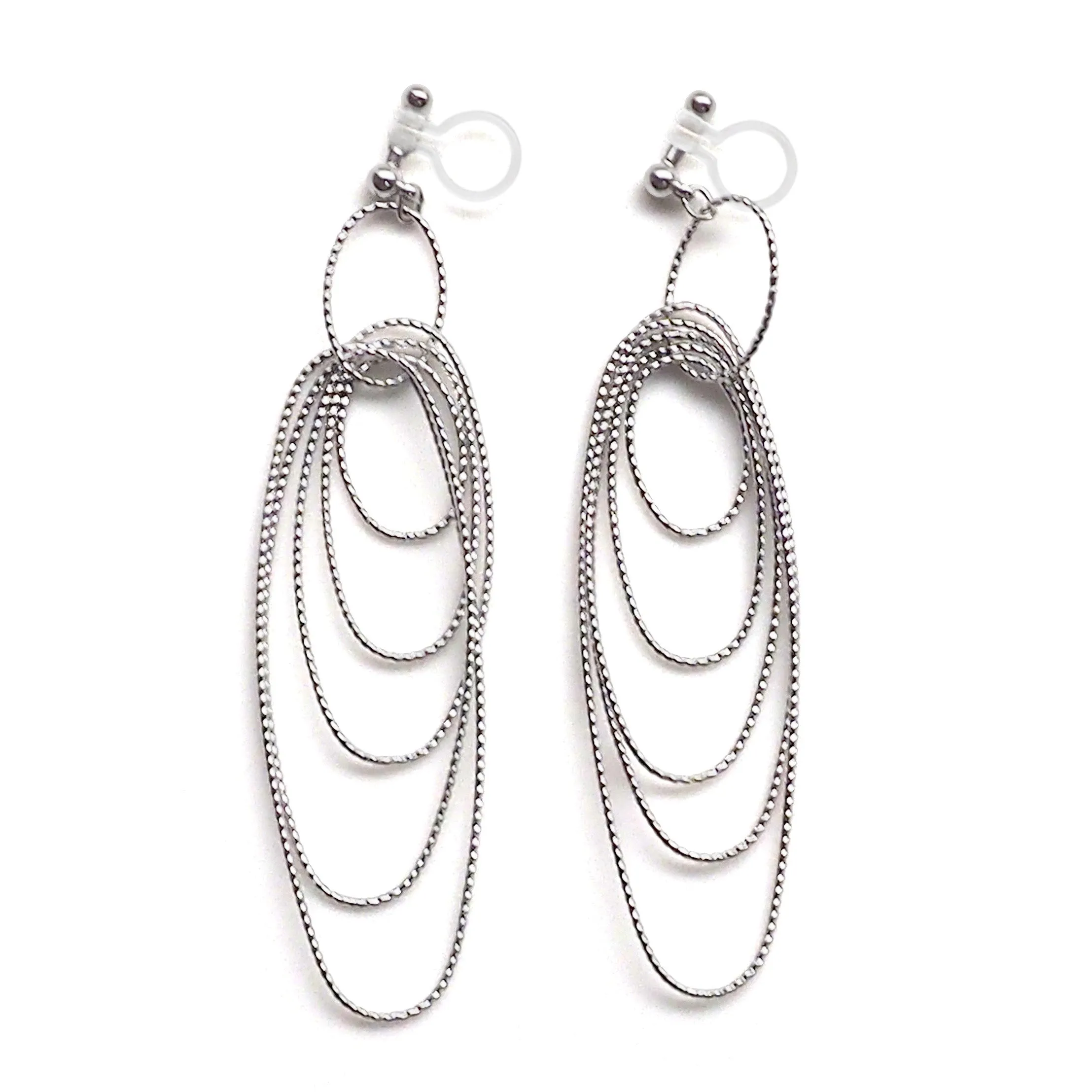 Dangle silver textured hoop invisible clip on earrings