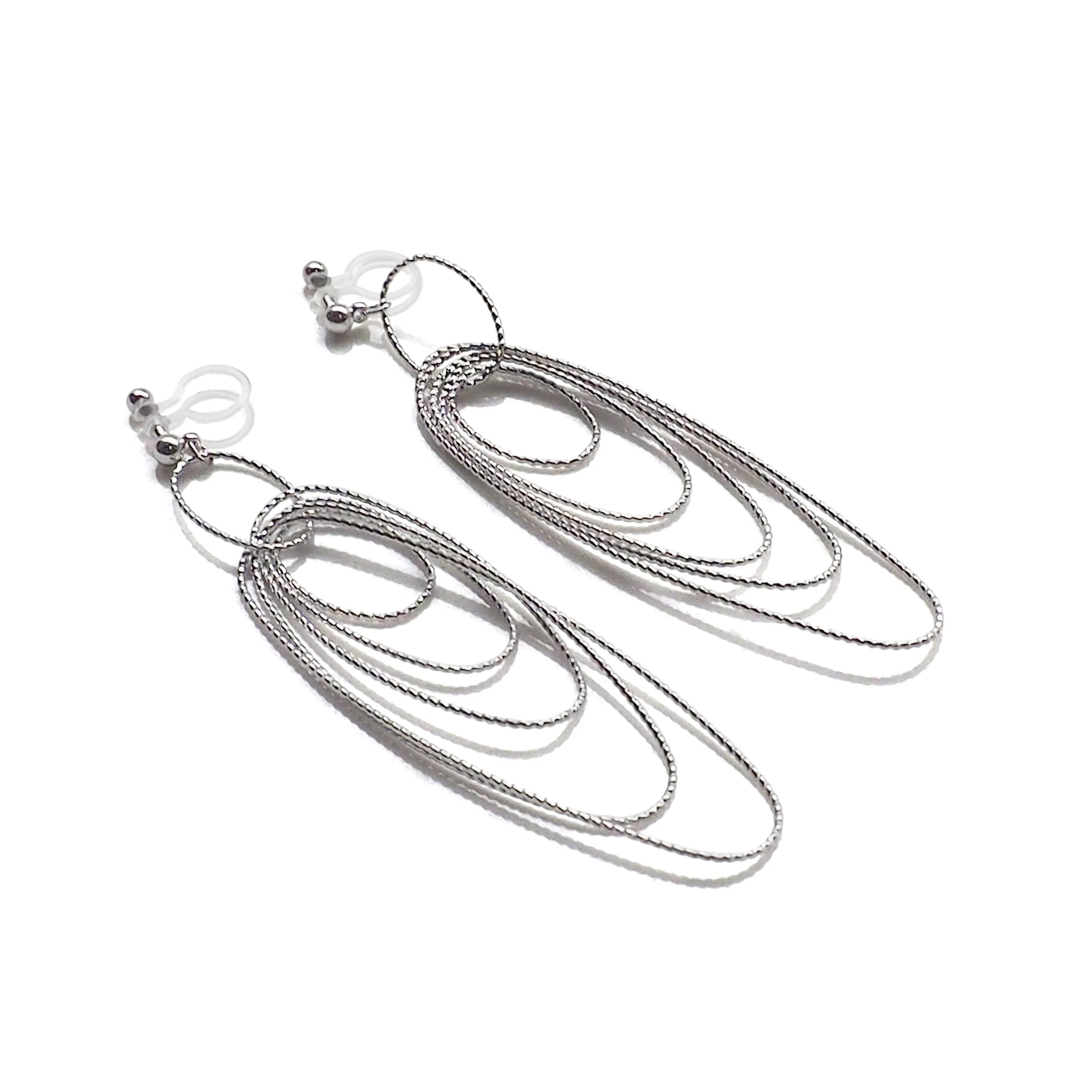 Dangle silver textured hoop invisible clip on earrings