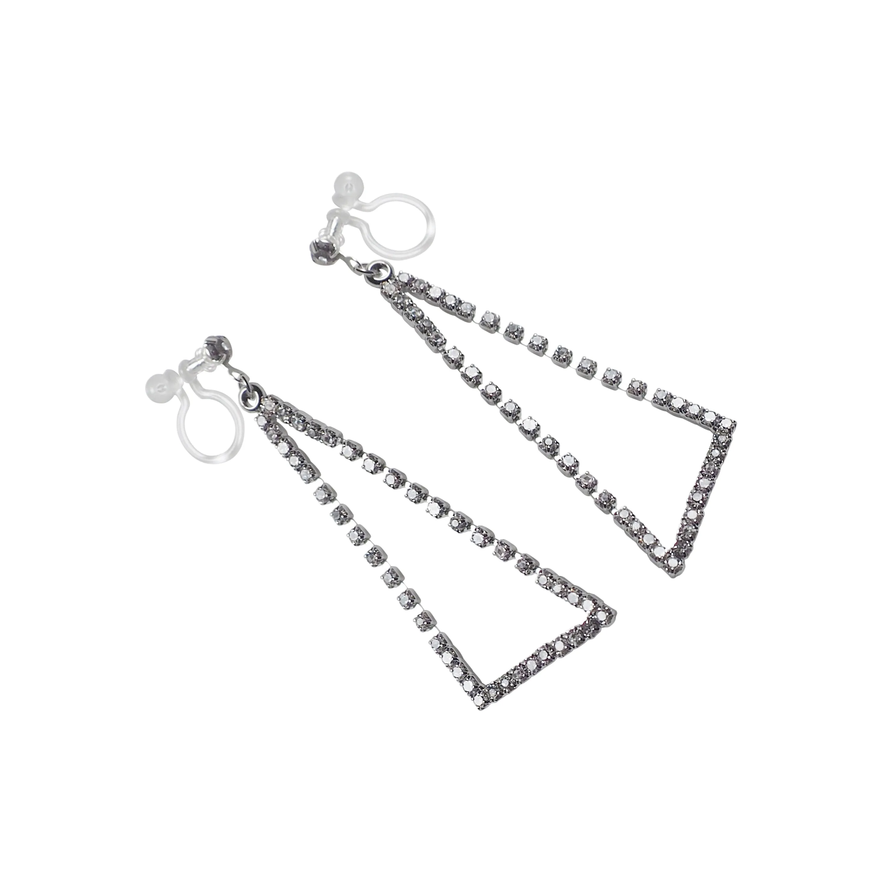 Dangle Silver Triangle Rhinestone Crystal Invisible Clip On Earrings