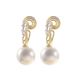 Dangle White Pearl with Crystal Rhinestone Spiral Clip On Earrings