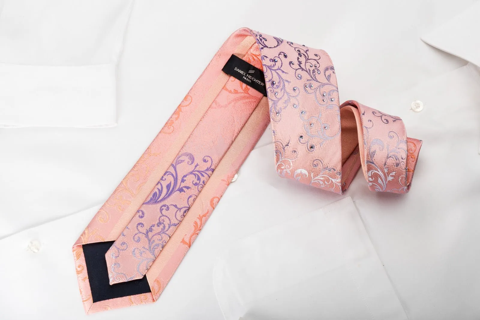 Danie Hechter Rhinestone Silk Necktie Scrolls On Pink With Silver Sparkles