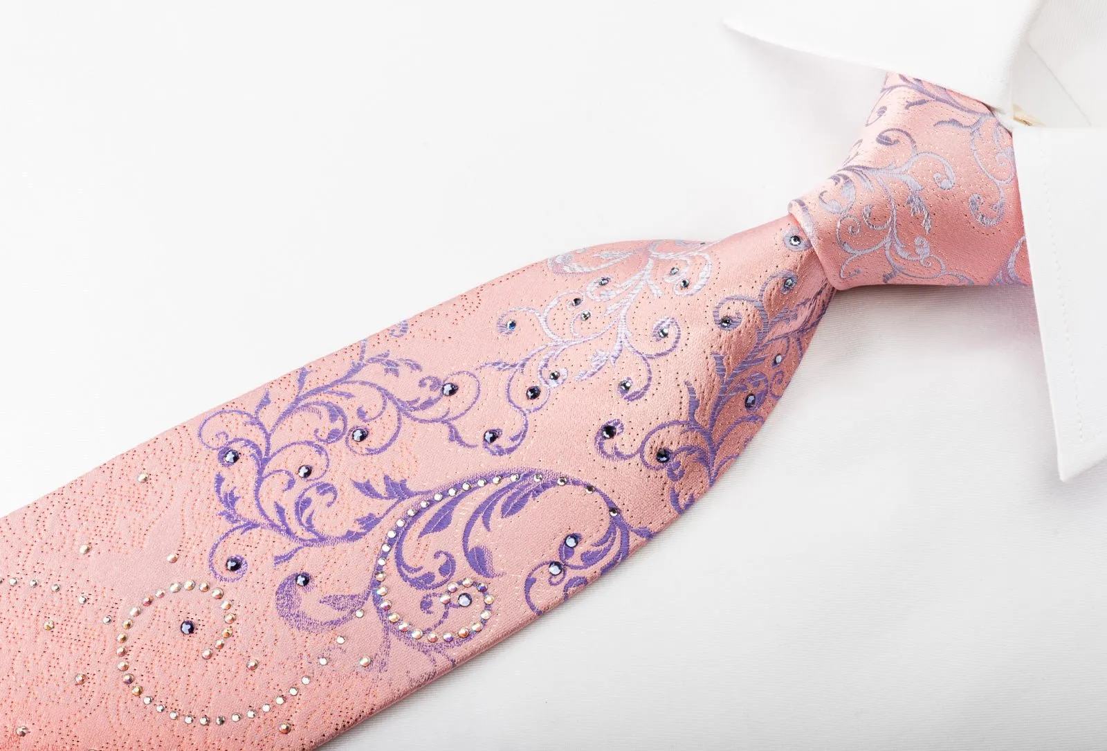 Danie Hechter Rhinestone Silk Necktie Scrolls On Pink With Silver Sparkles