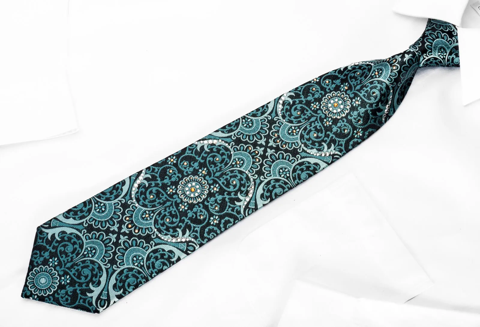 Daniel Hechter Men's Silk Tie Teal Damask On Black Sparkling With Rhinestones