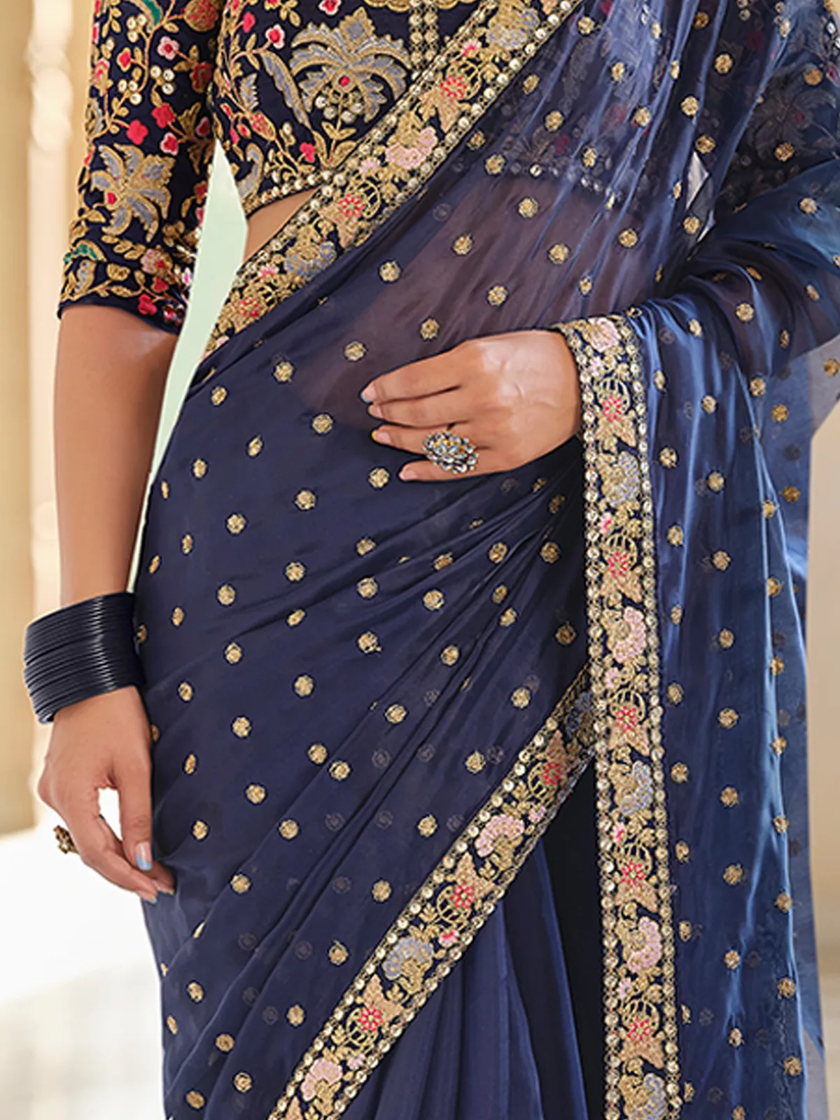 Dark Blue Organza Embroidered Saree With Unstitched Blouse