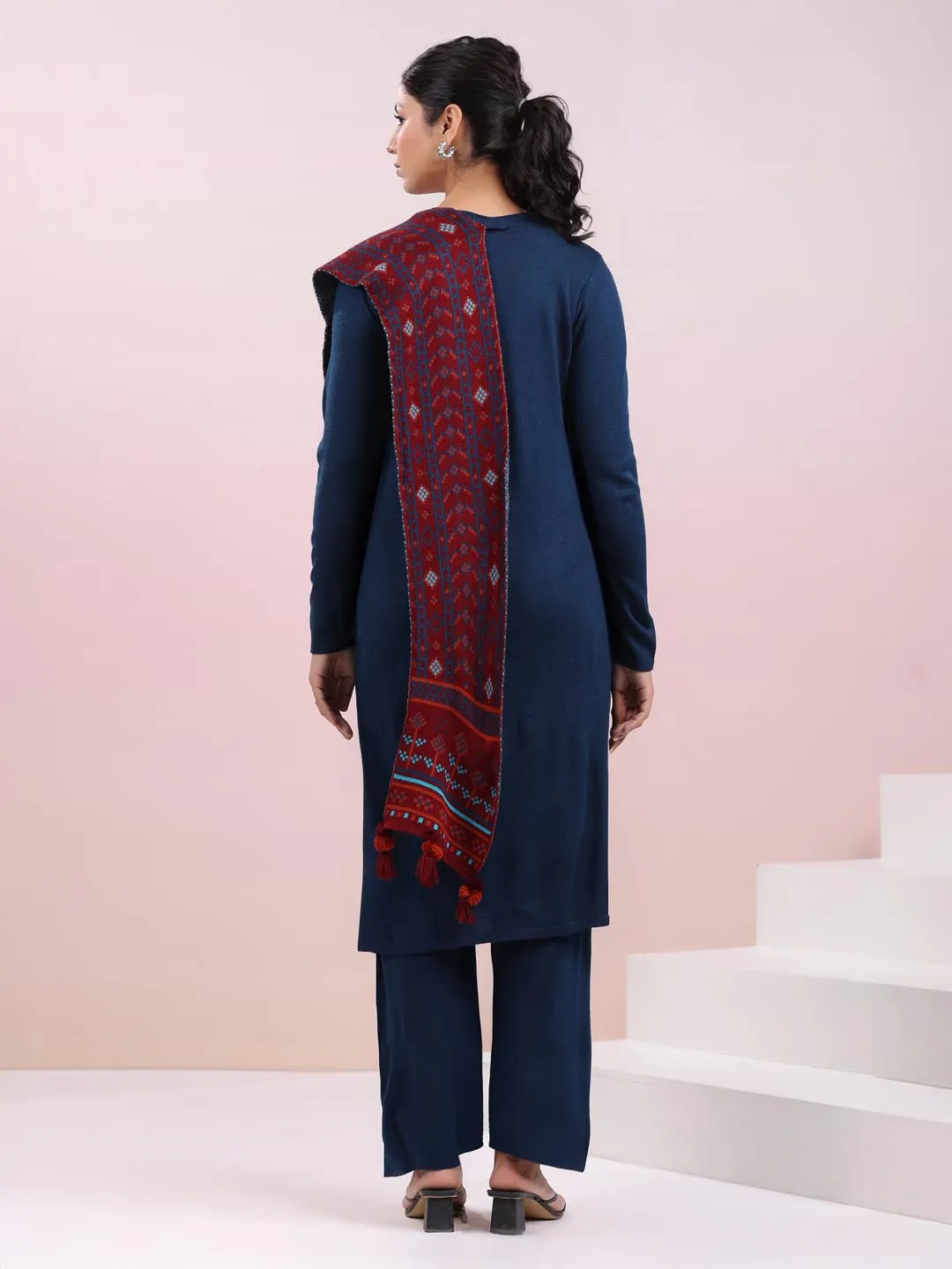 Dark Blue Woolen Self Design Straight Winter Kurta with Pant & Stole Set