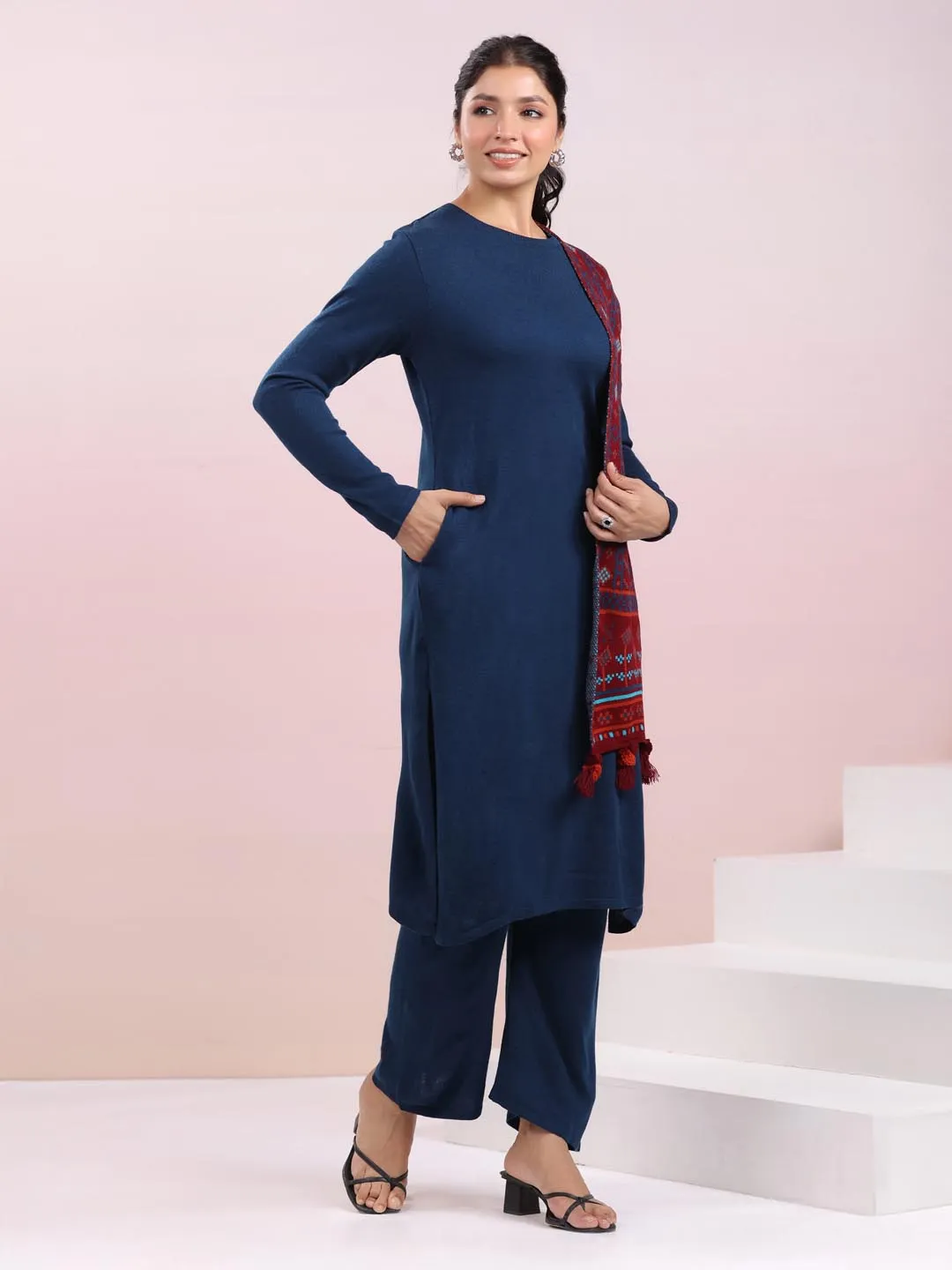 Dark Blue Woolen Self Design Straight Winter Kurta with Pant & Stole Set