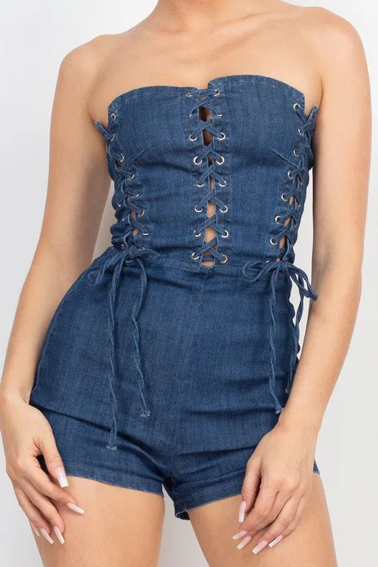 Dark Denim Lace-up Detailed Tube Top Romper