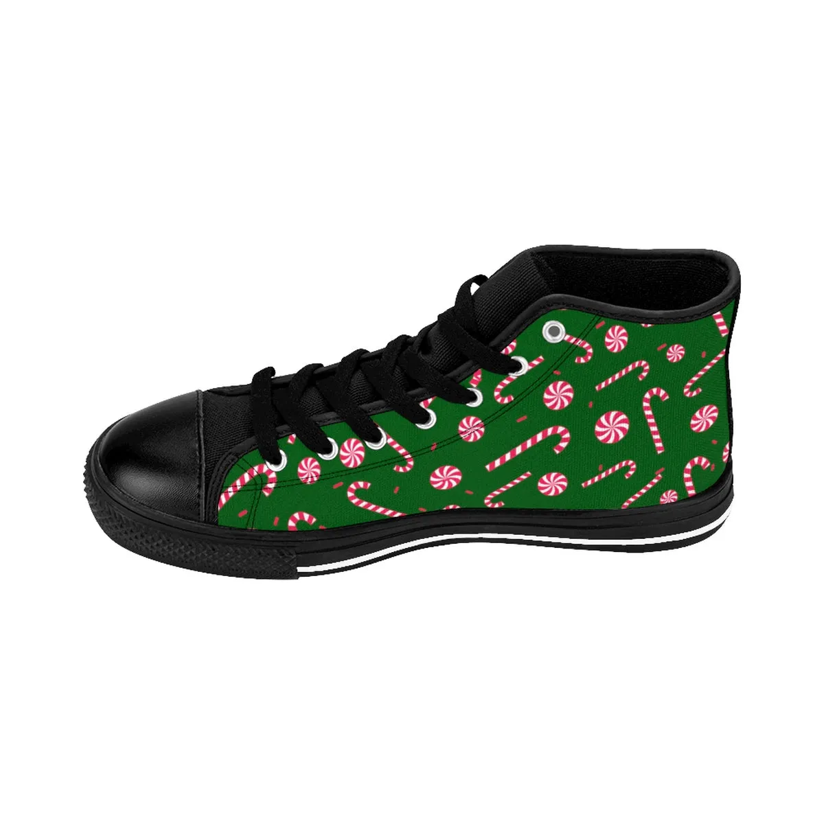 Dark Green Christmas Men's Sneakers, Red White Candy Cane High-Top Tennis Shoes For Men (US Size 6-14)