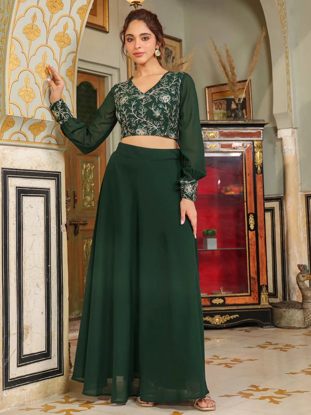 Dark Green Georgette Embroidered Top With Skirt Set