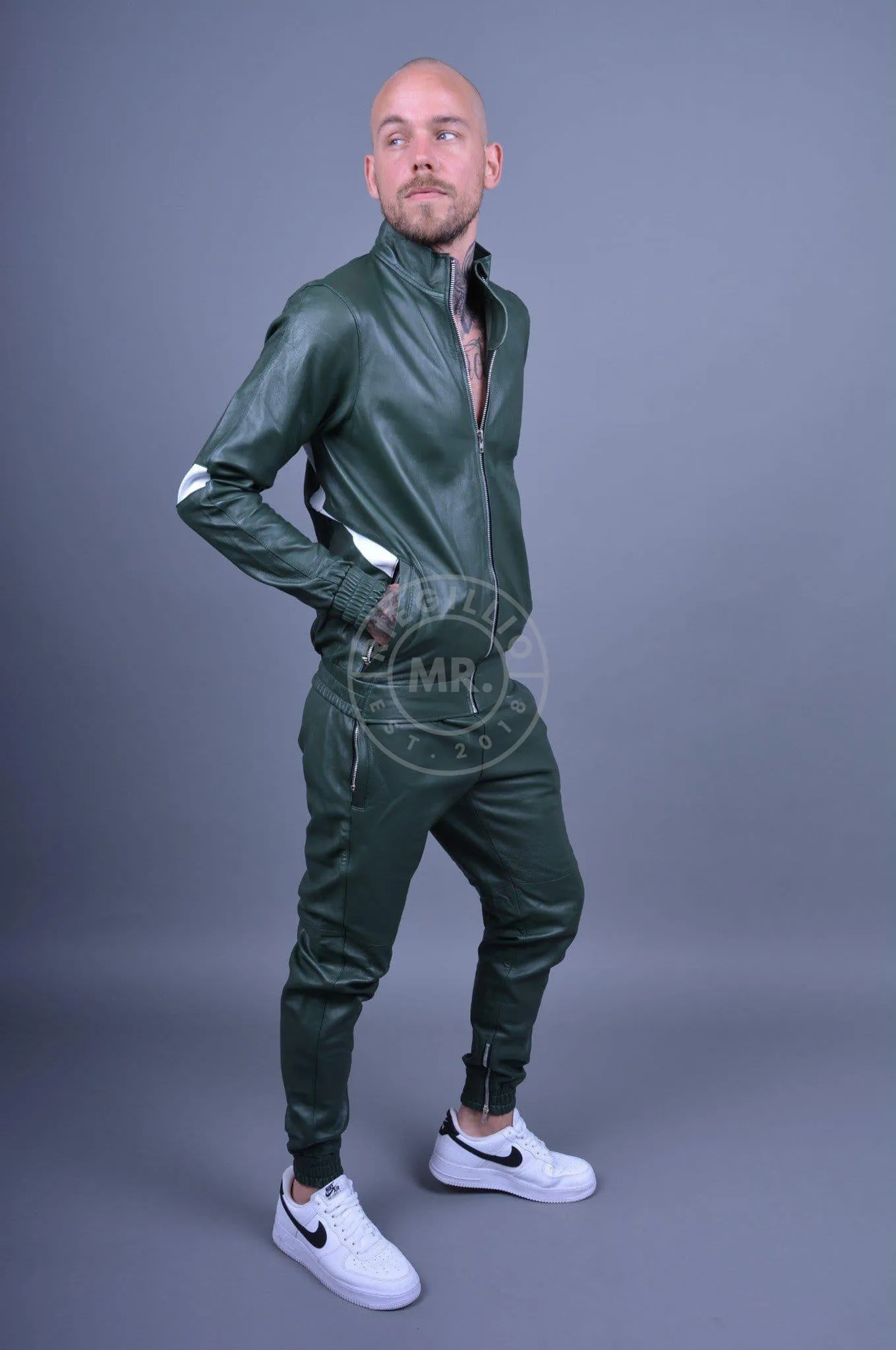 Dark Green Leather Tracksuit Pants