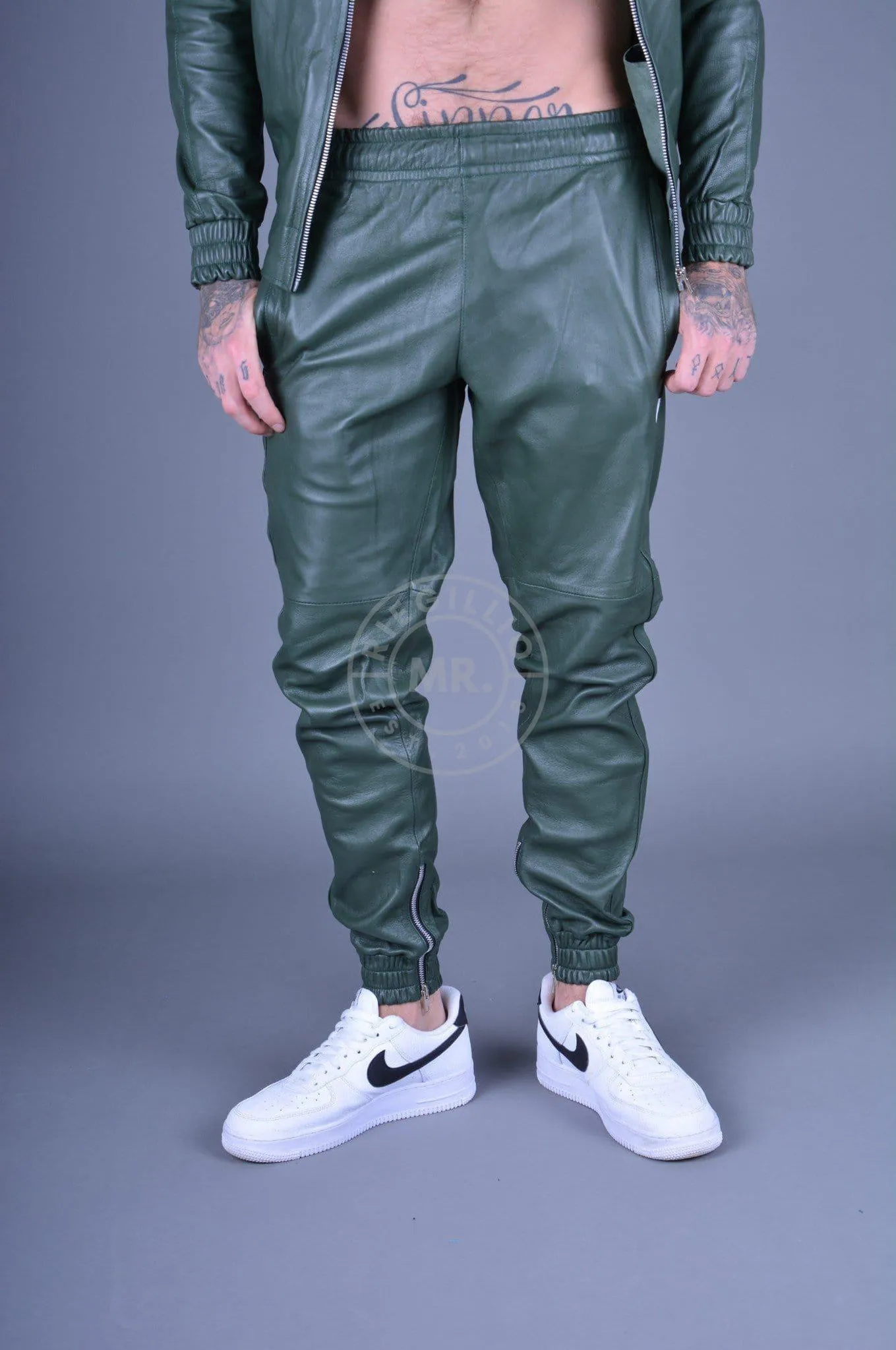 Dark Green Leather Tracksuit Pants