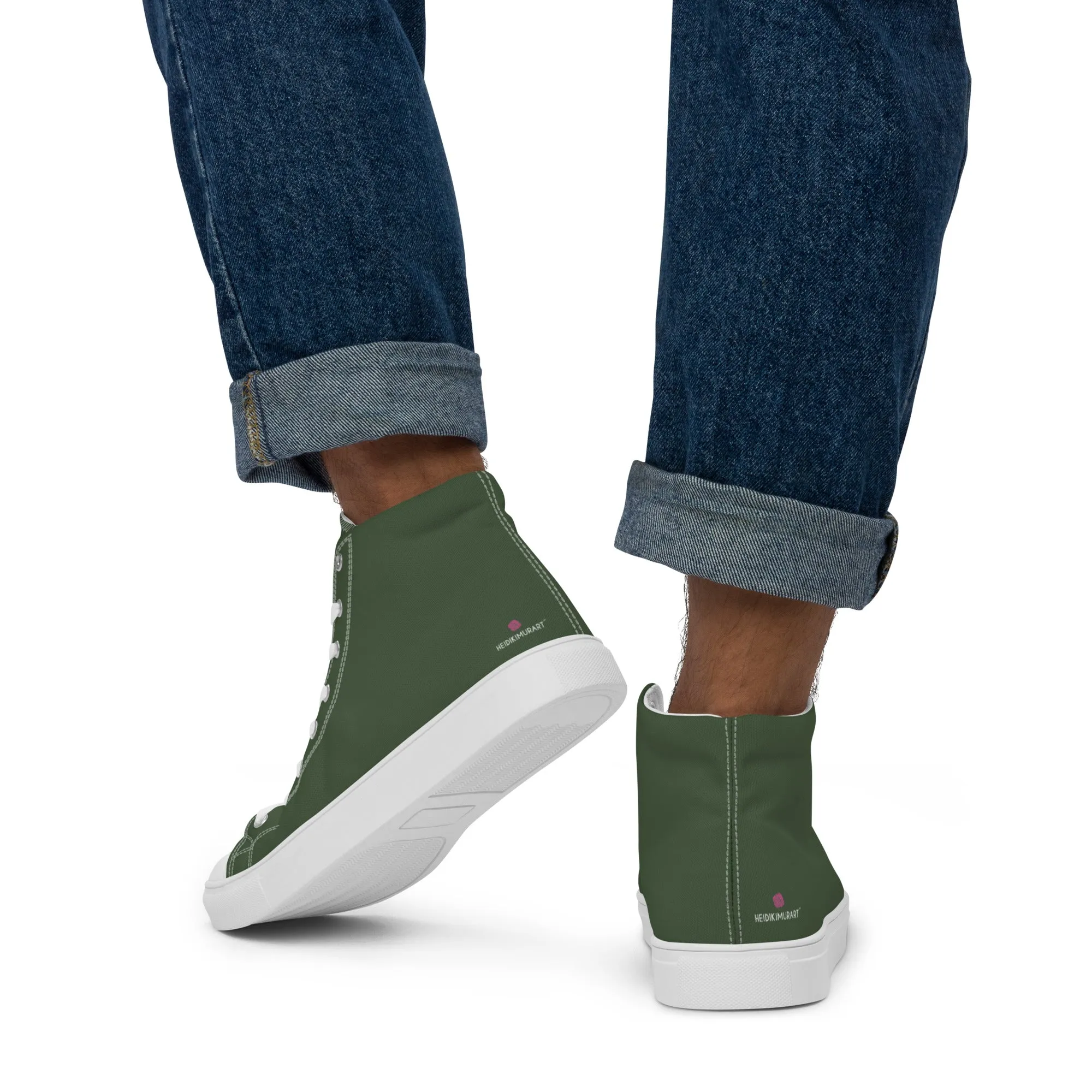 Dark Green Men's High Tops, Solid Green Color Men’s High Top Sneakers Canvas Tennis Shoes With White Laces and Faux Leather Toe Caps (US Size: 5-13)