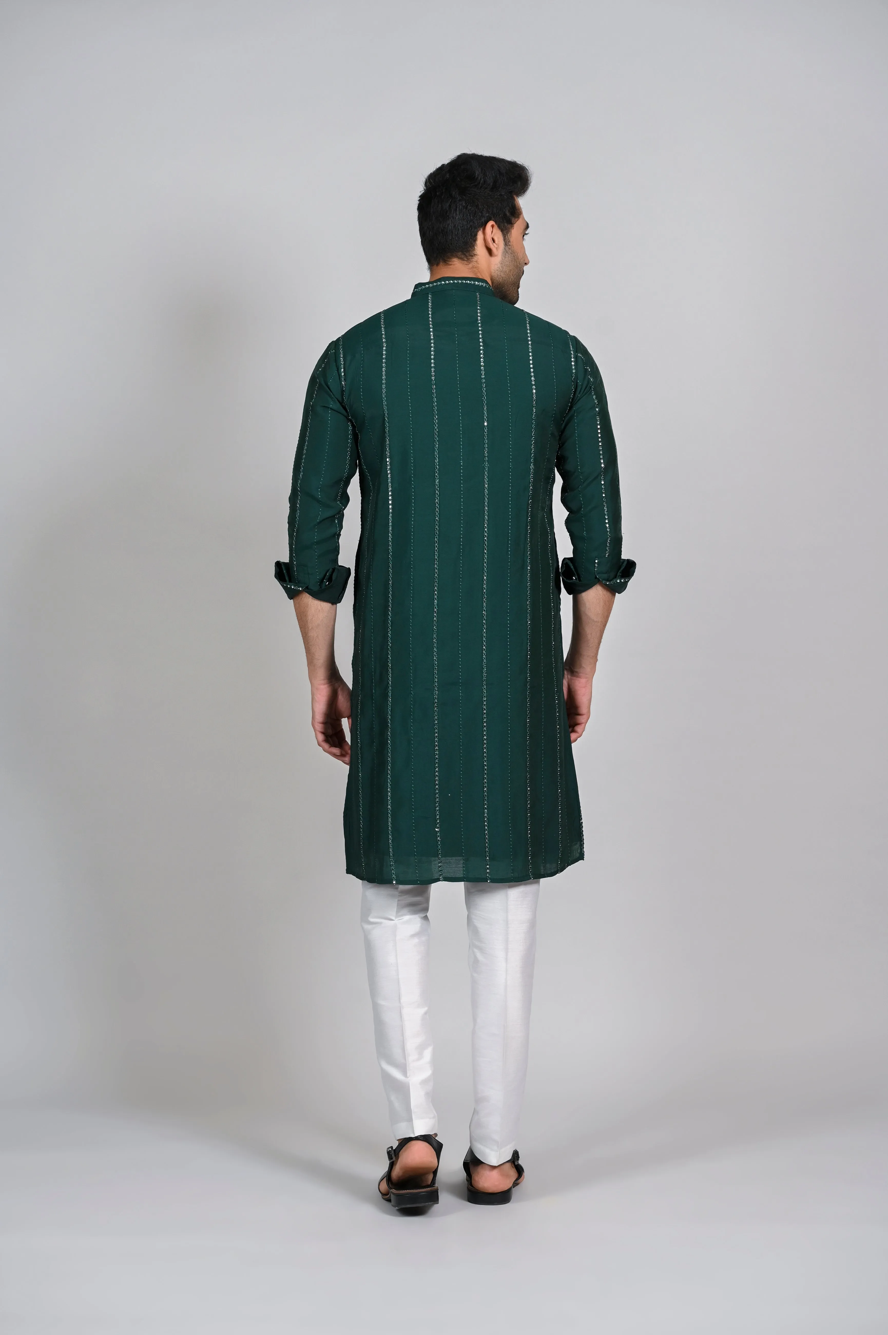 Dark Green Men's Kurta Pajama with Mirror Work