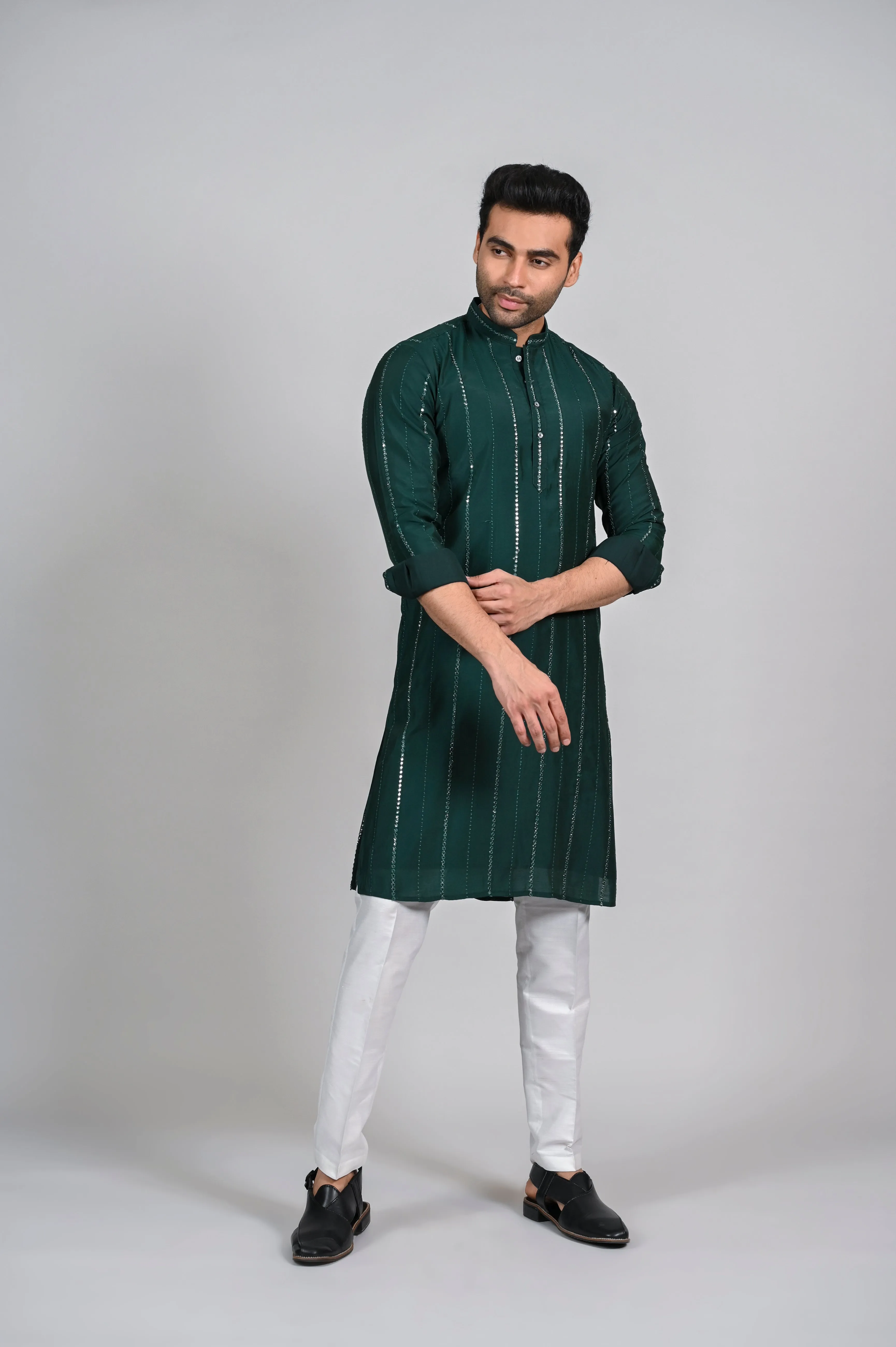 Dark Green Men's Kurta Pajama with Mirror Work