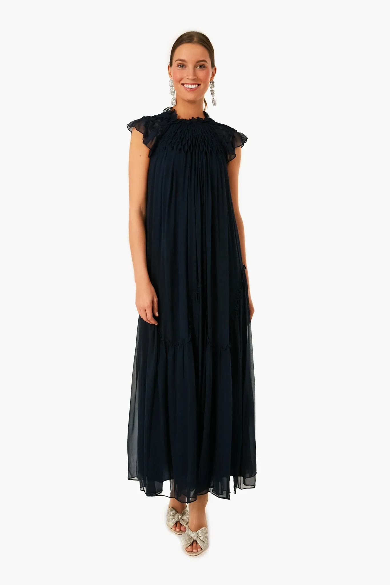 Dark Navy Smocked Chiffon Dress