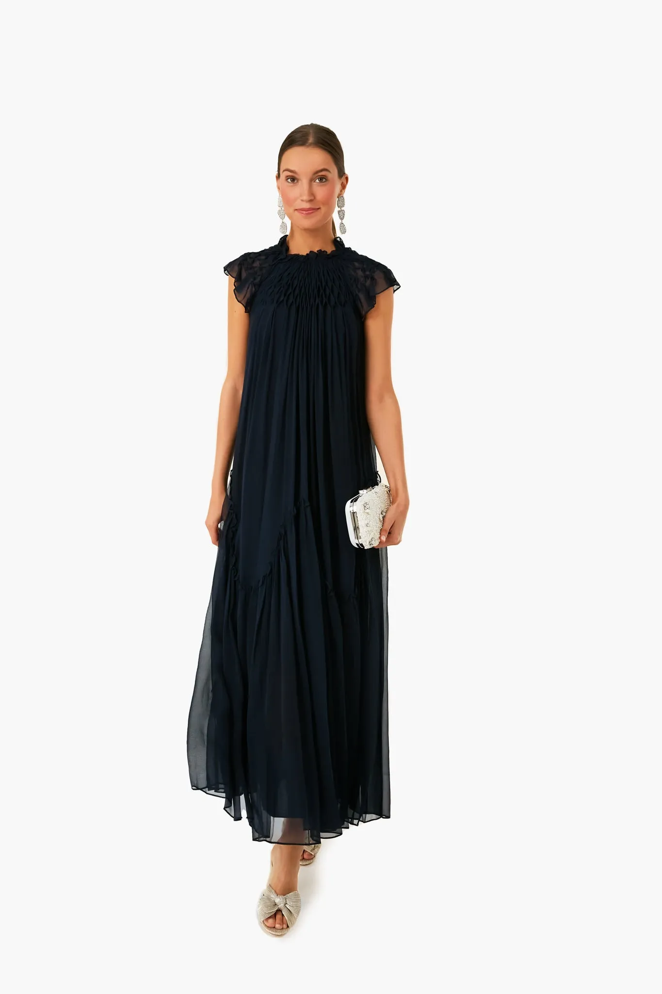 Dark Navy Smocked Chiffon Dress