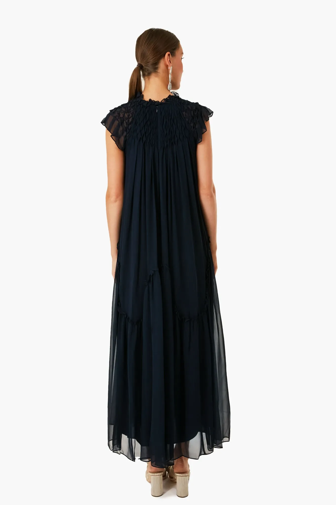 Dark Navy Smocked Chiffon Dress