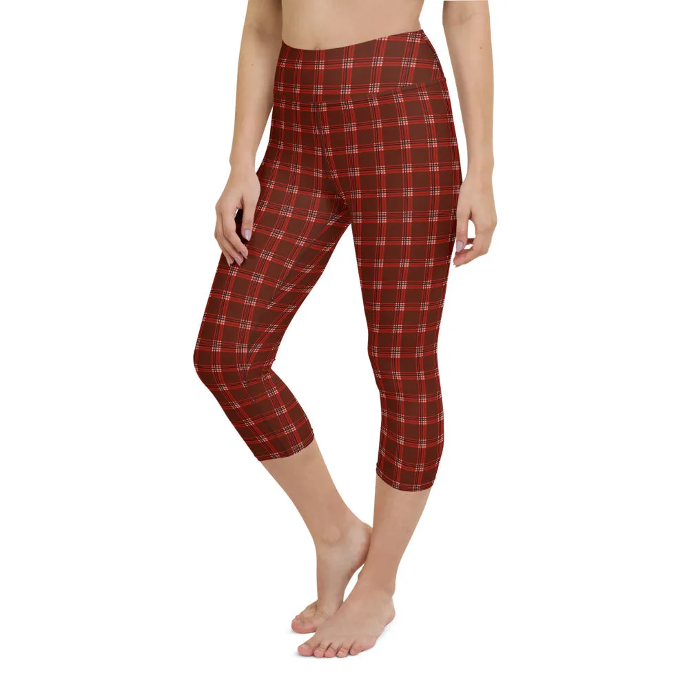 Dark Red Plaid Capri Leggings, Traditional Tartan Print Yoga Capris Tights-Made in USA/EU