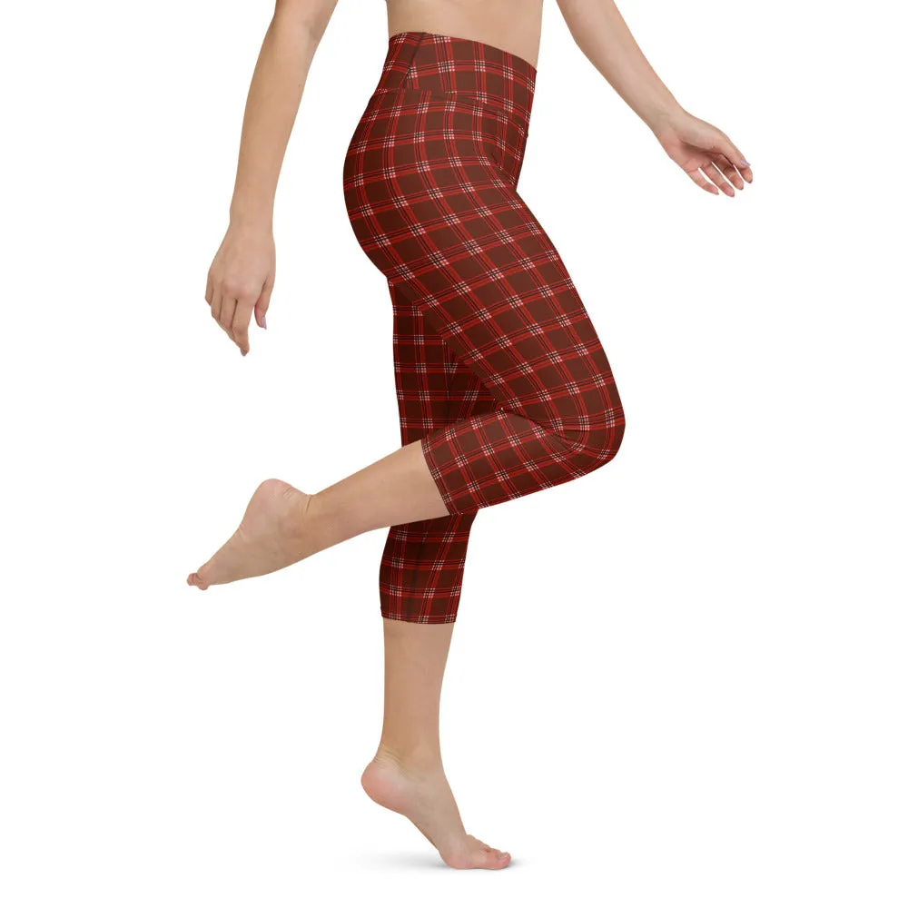 Dark Red Plaid Capri Leggings, Traditional Tartan Print Yoga Capris Tights-Made in USA/EU