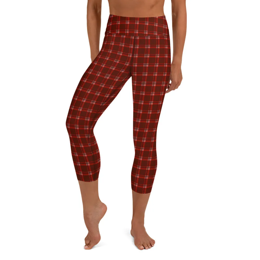 Dark Red Plaid Capri Leggings, Traditional Tartan Print Yoga Capris Tights-Made in USA/EU