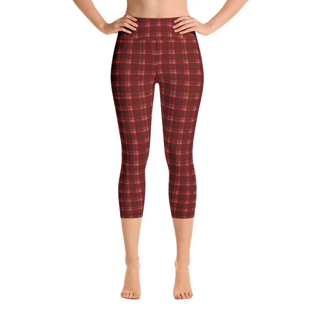 Dark Red Plaid Capri Leggings, Traditional Tartan Print Yoga Capris Tights-Made in USA/EU