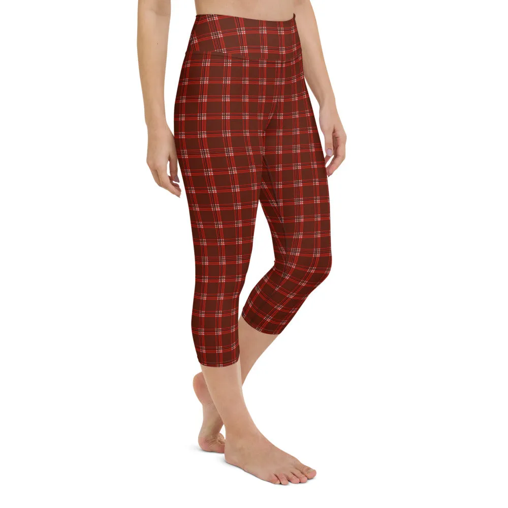 Dark Red Plaid Capri Leggings, Traditional Tartan Print Yoga Capris Tights-Made in USA/EU