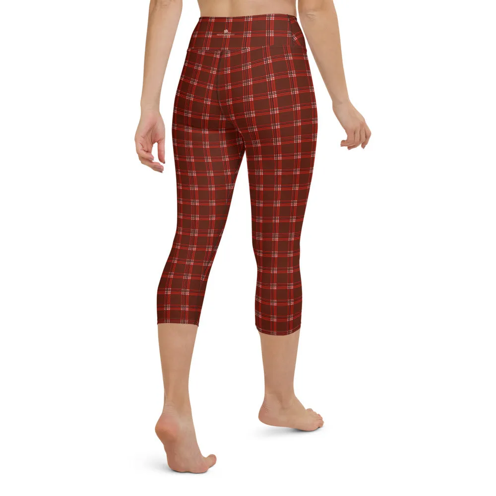 Dark Red Plaid Capri Leggings, Traditional Tartan Print Yoga Capris Tights-Made in USA/EU