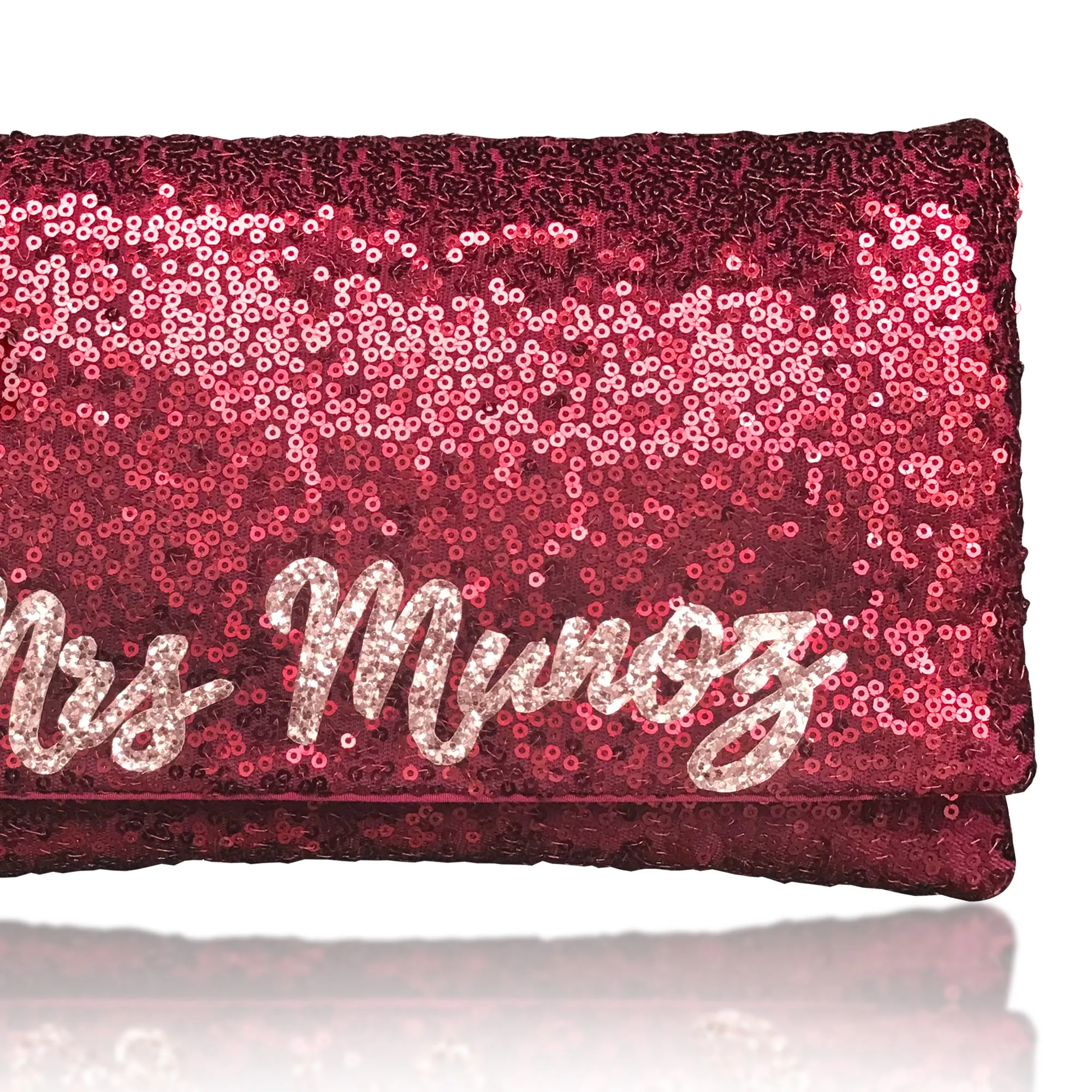 Dark red sequin personalised MRS surname clutch