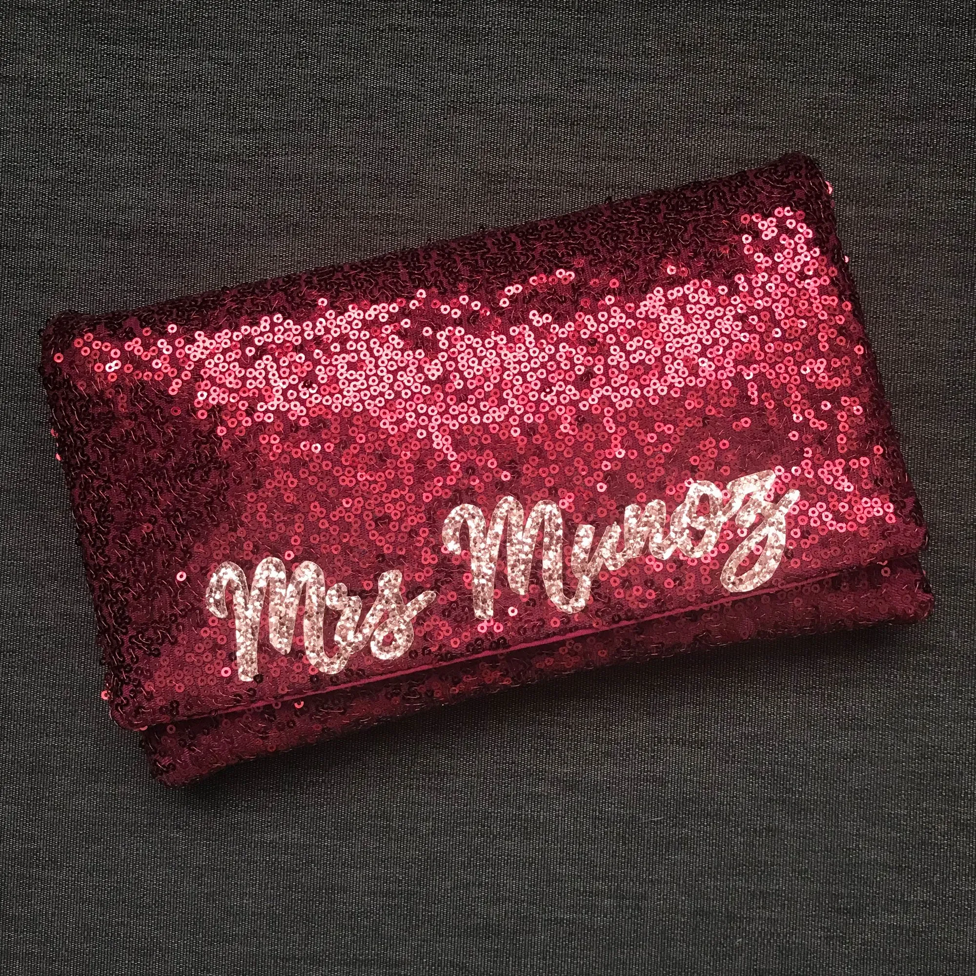 Dark red sequin personalised MRS surname clutch