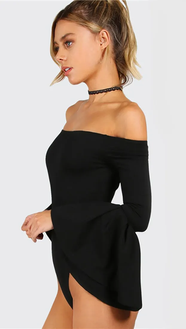 Dawn Off Shoulder Bell Sleeve Bodysuit Black