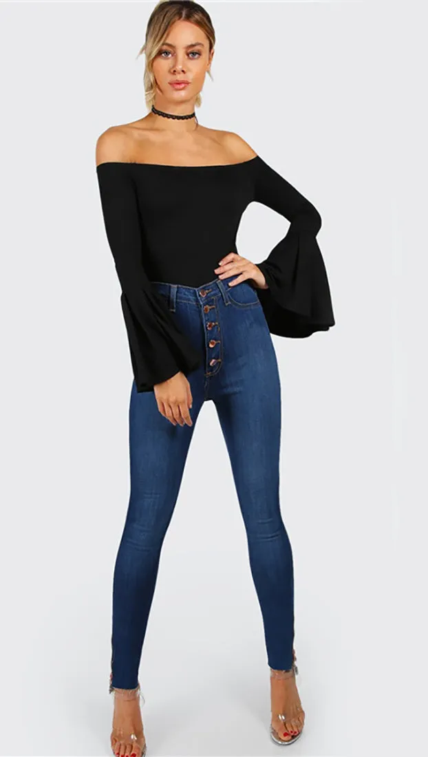 Dawn Off Shoulder Bell Sleeve Bodysuit Black