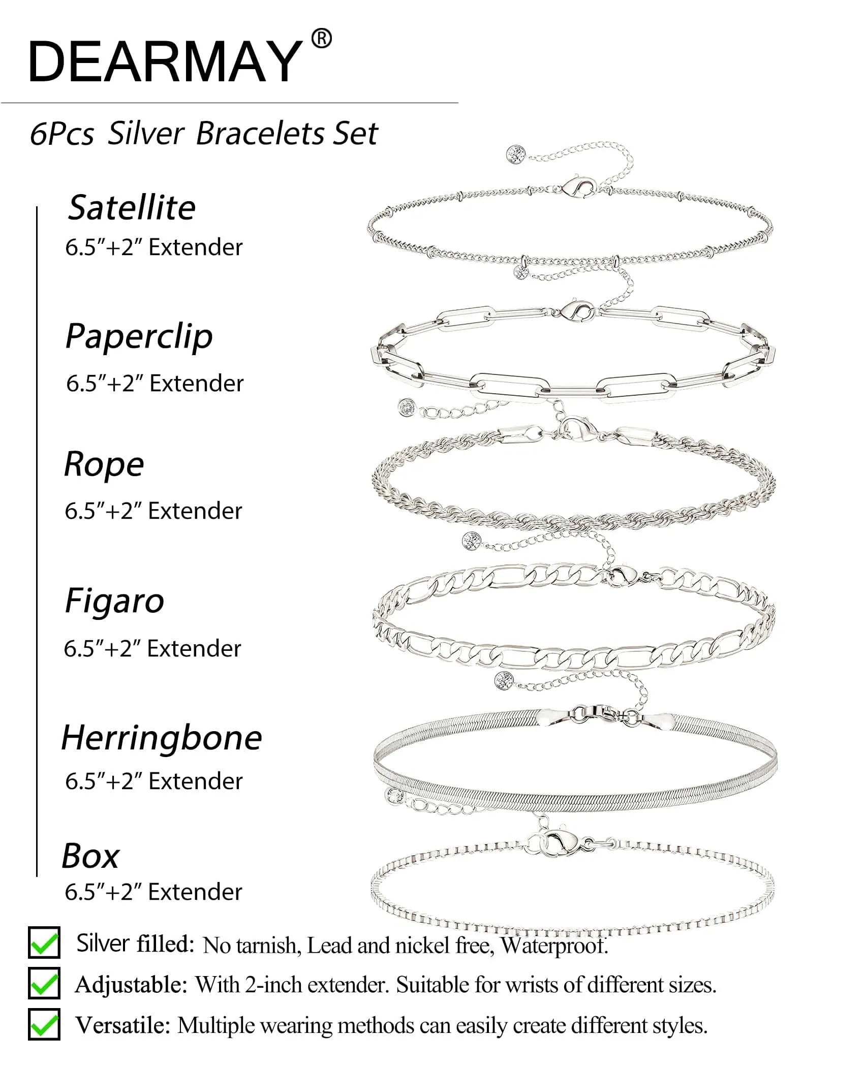 DEARMAY Dainty Silver Bracelets for Women Trendy, 925 Sterling Silver Jewelry Set for Women Bracelets for Women Paperclip Box Herringbone Figaro Rope Chain Bracelet Fashion Pack Gifts for Women