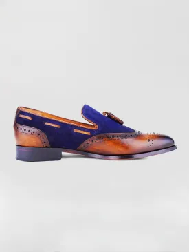 Declan Wingtip Tassel Loafer - Tan/Blue with Patina