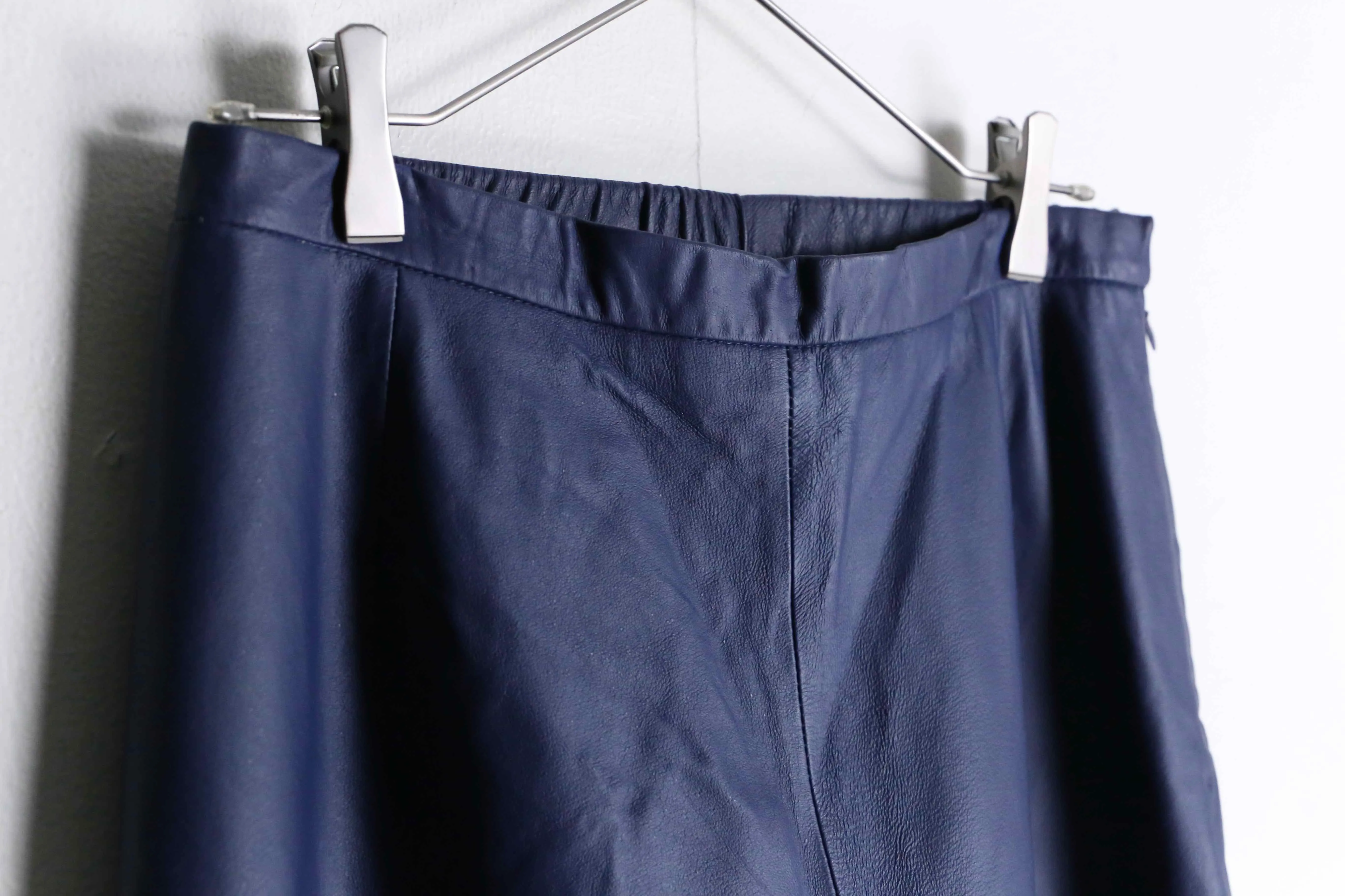 deep blue real leather wide tapered pants