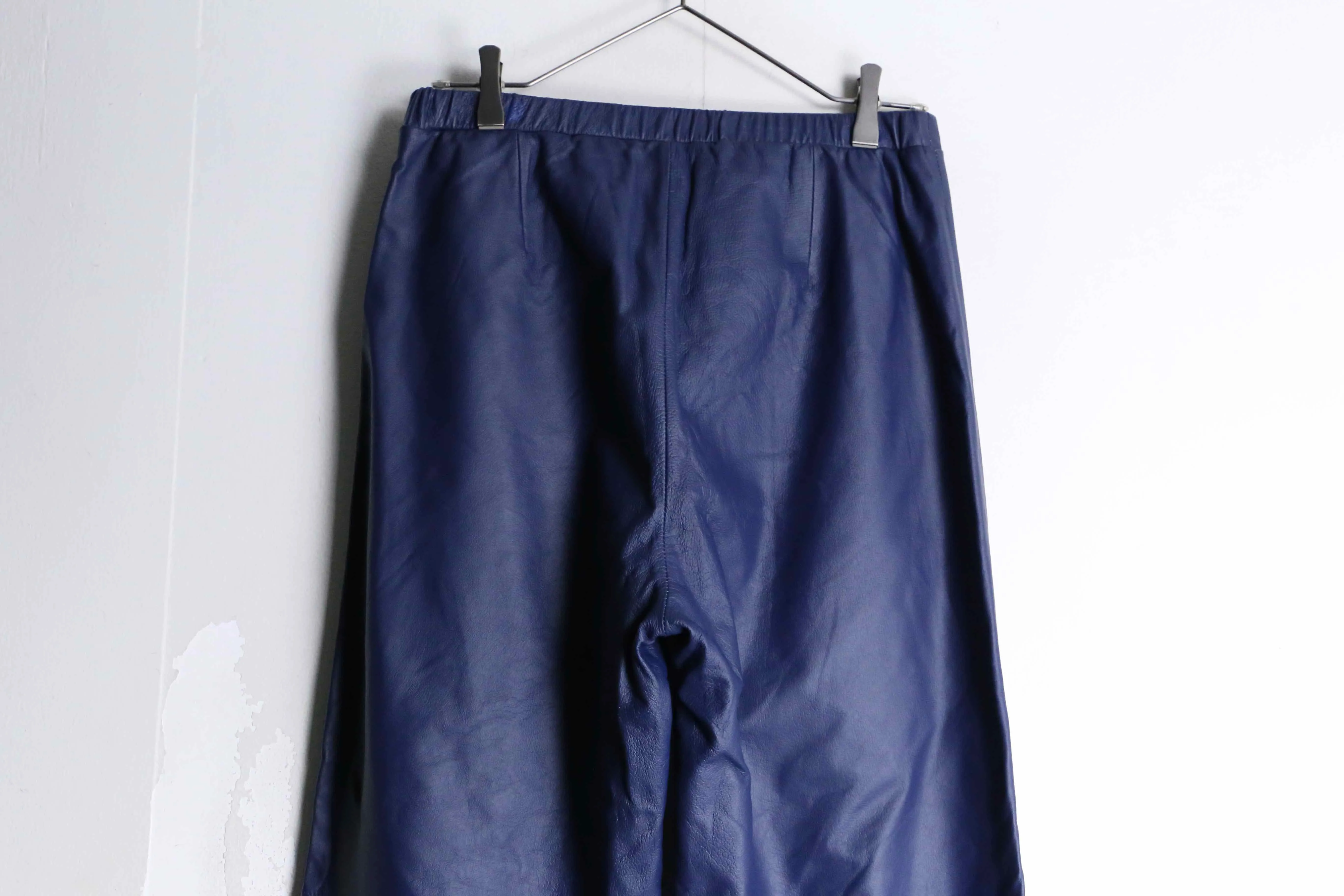 deep blue real leather wide tapered pants