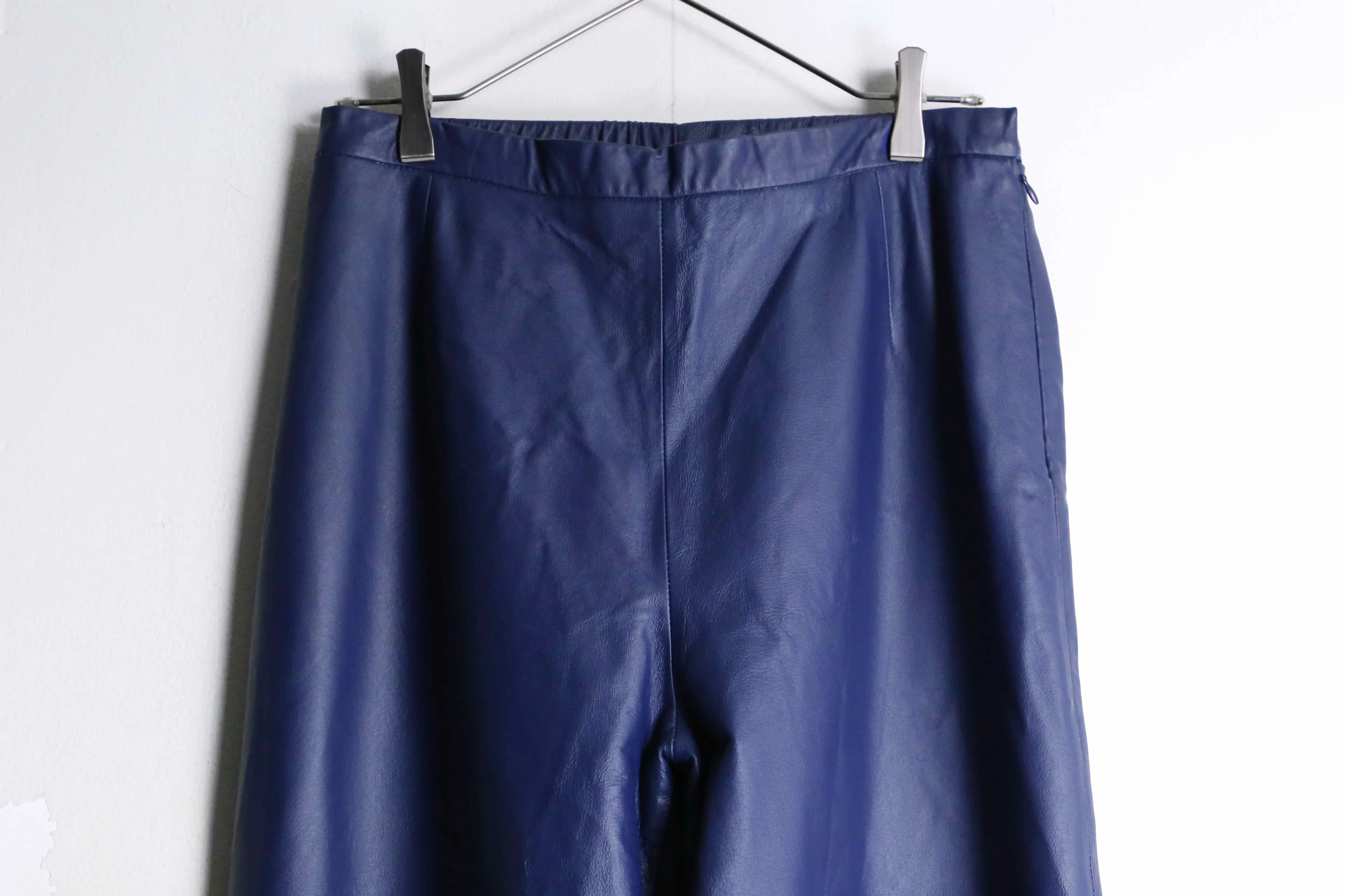 deep blue real leather wide tapered pants