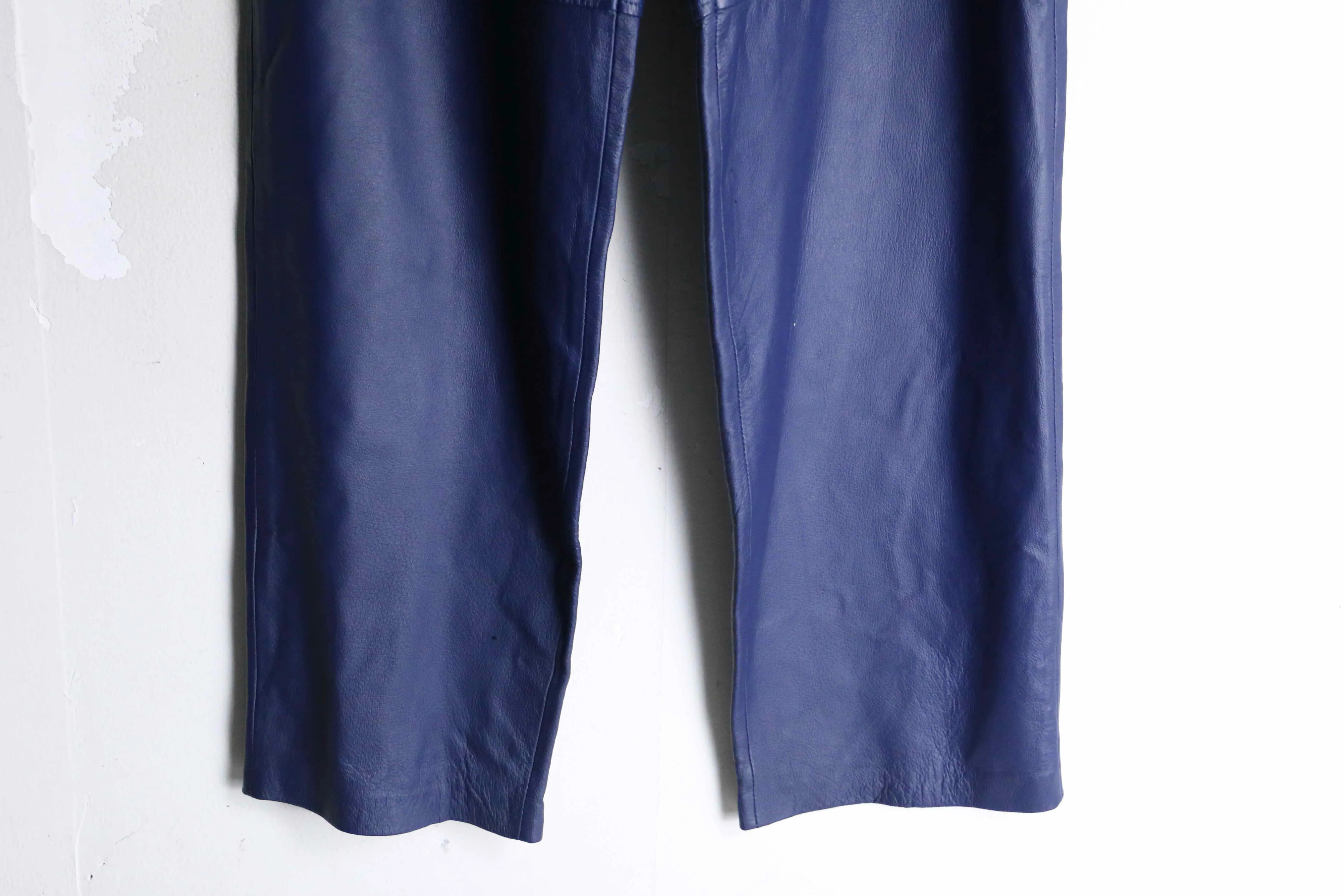 deep blue real leather wide tapered pants